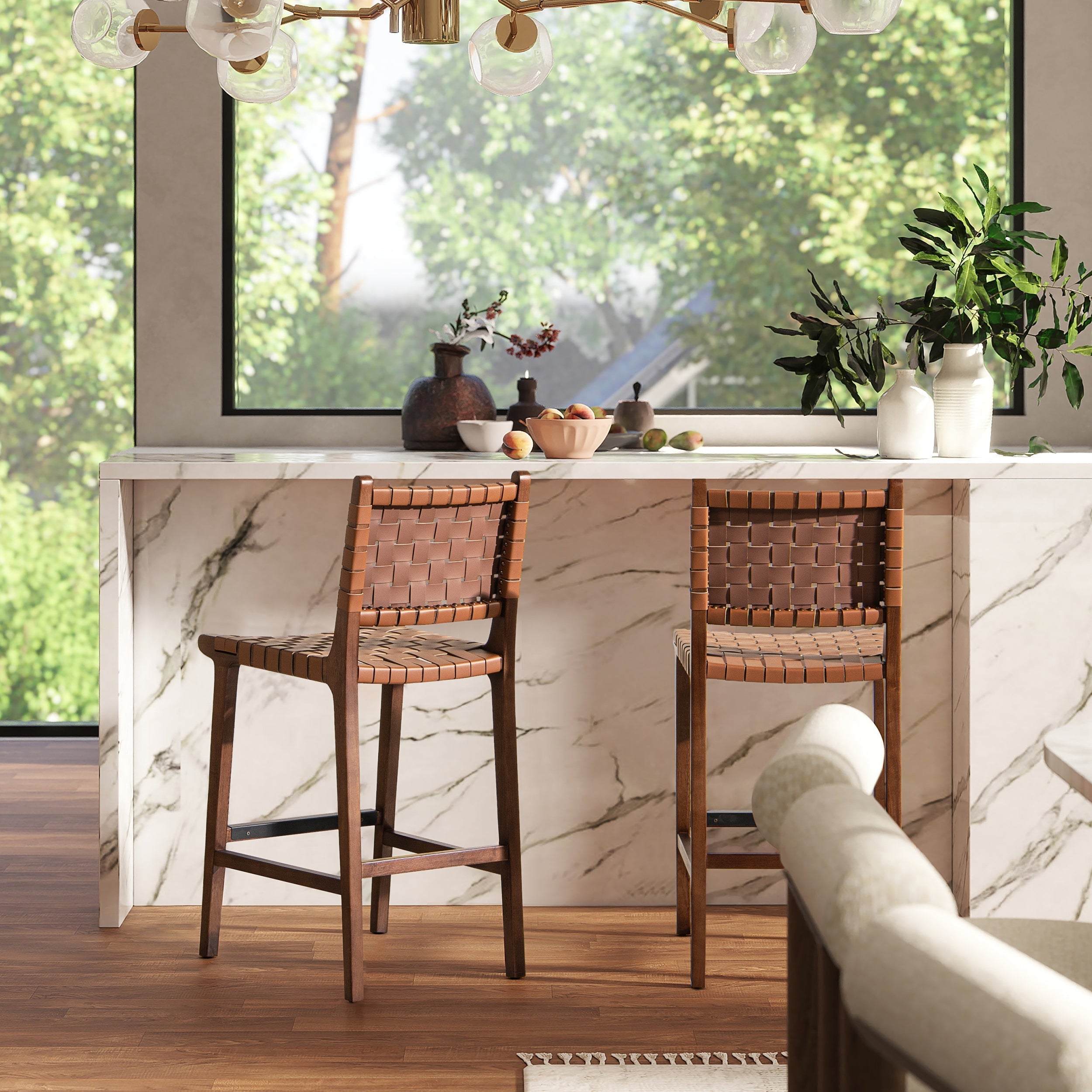 Andre 26' Woven Leather Counter Stool with Back, Pecan Brown Faux Leather