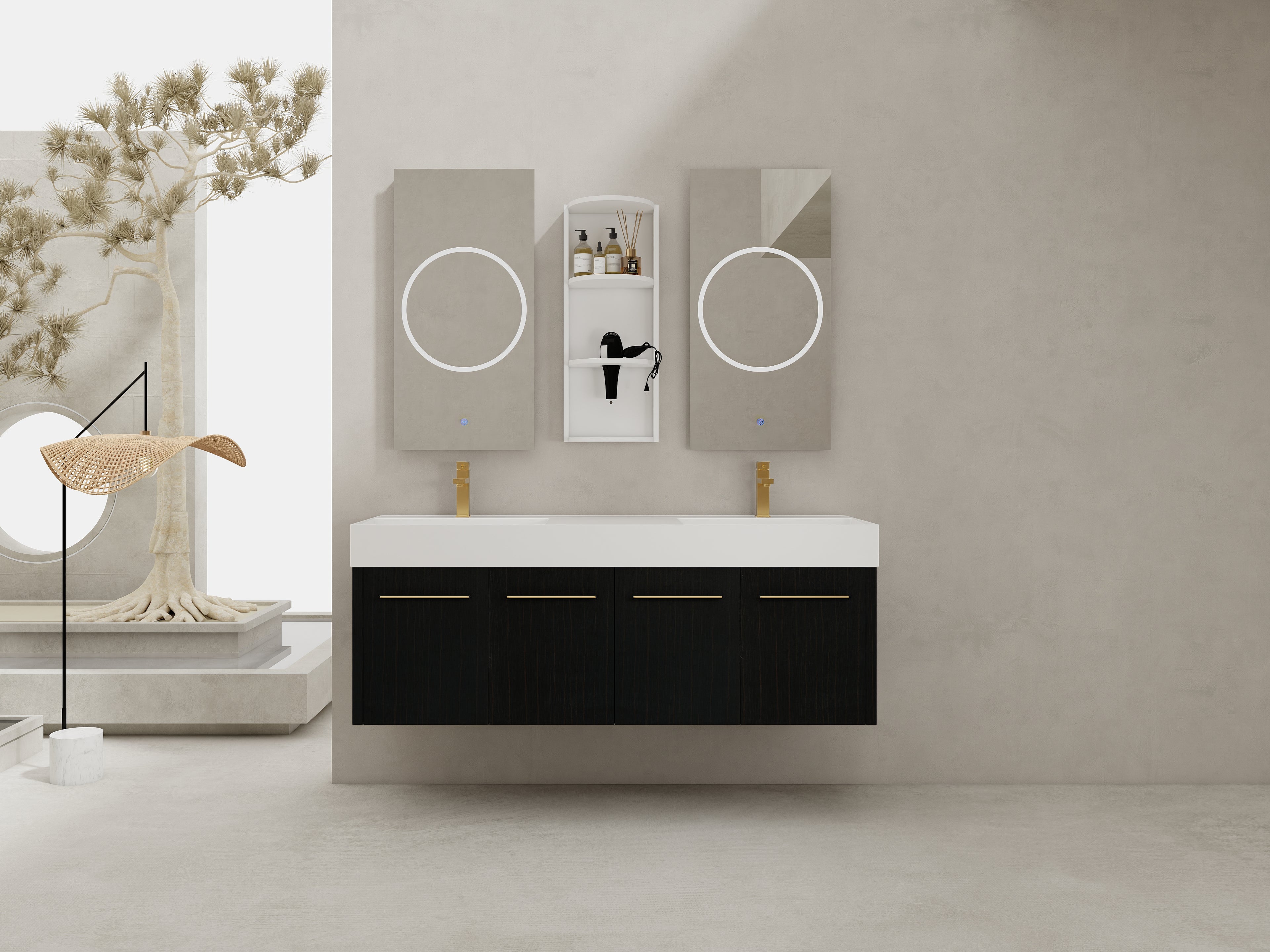 60 Inch Wall-Mounted Bathroom Vanity with Sink and Storage Rack