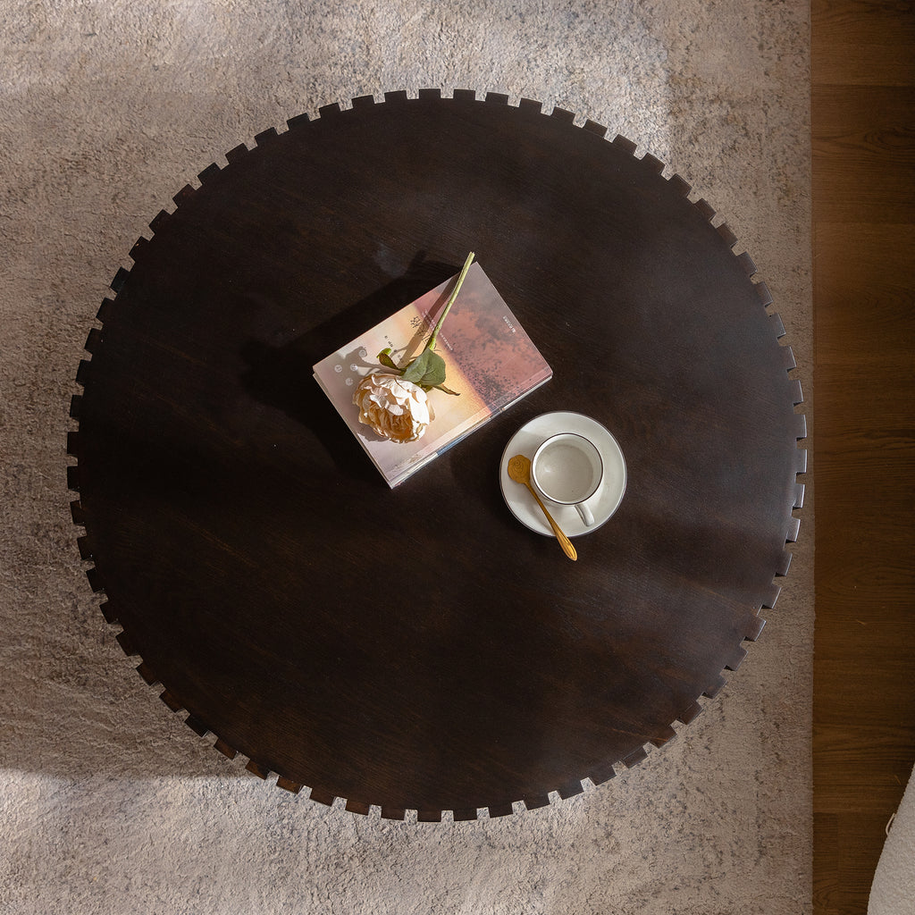 Round Coffee Table Handcrafted Relief Sturdy Pedestal Wooden Olive-Shaped Tea Table for Living Room