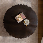 Round Coffee Table Handcrafted Relief Sturdy Pedestal Wooden Olive-Shaped Tea Table for Living Room