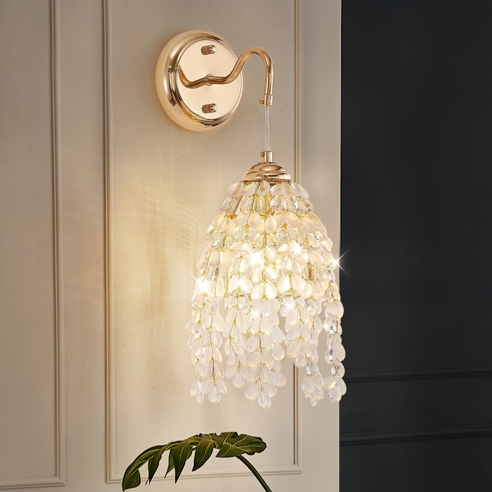 Set of 2 Gold Frame Crystal Grape-Shaped Bead Wall Sconces