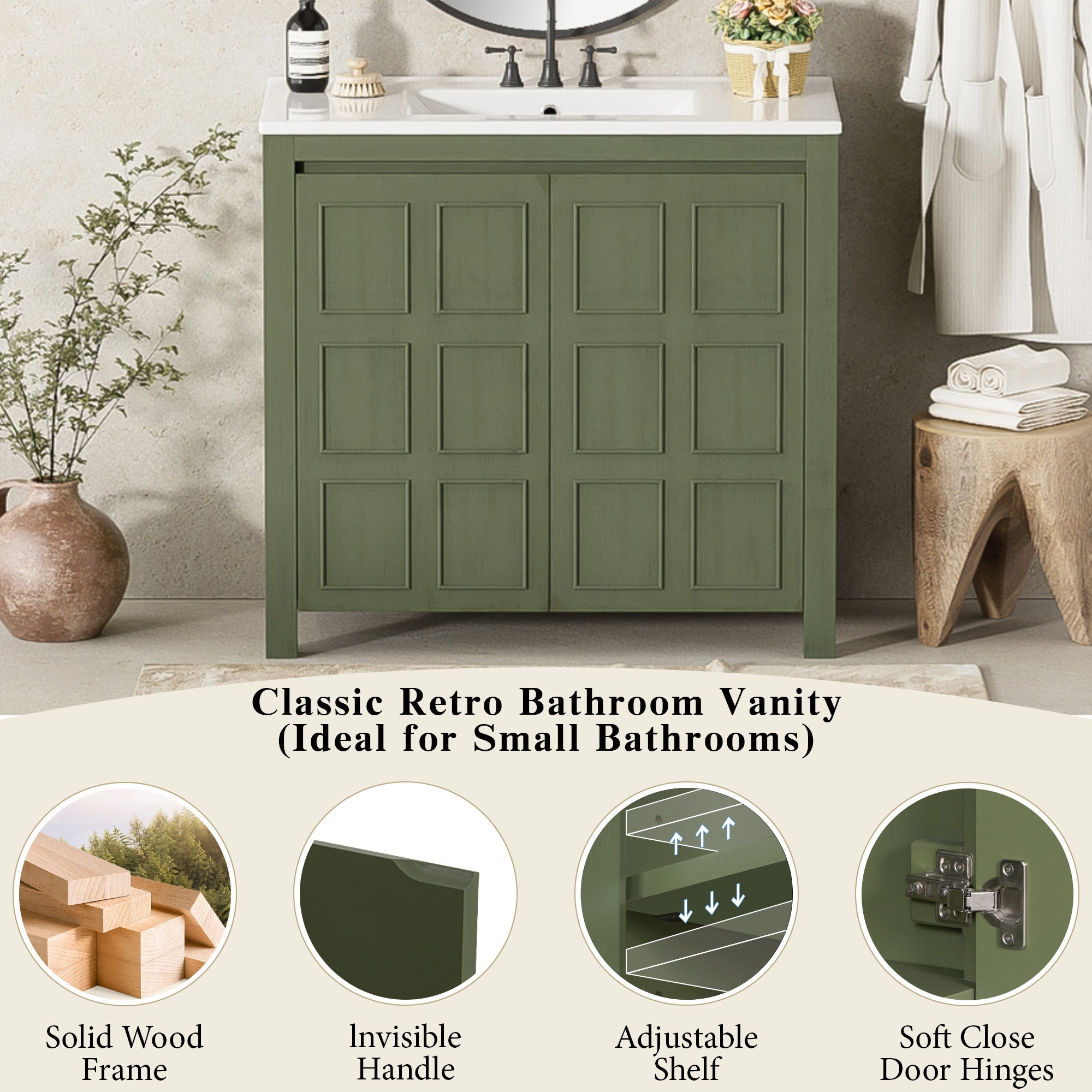 36" Bathroom Vanity Organizer with Ceramic Sink in Olive Green