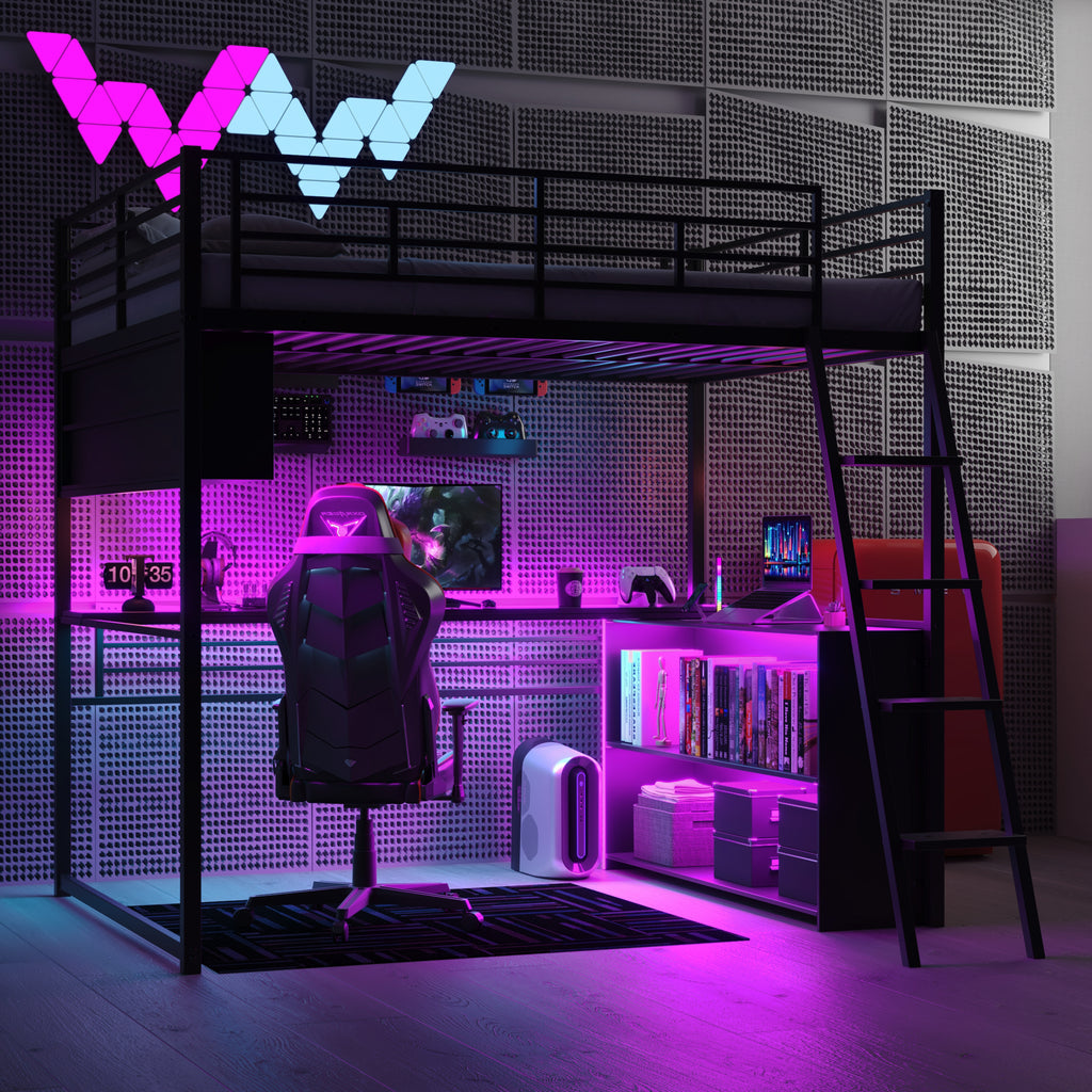 Full Size Metal Loft Bed With LED, Desk And 4 Storage Shelves