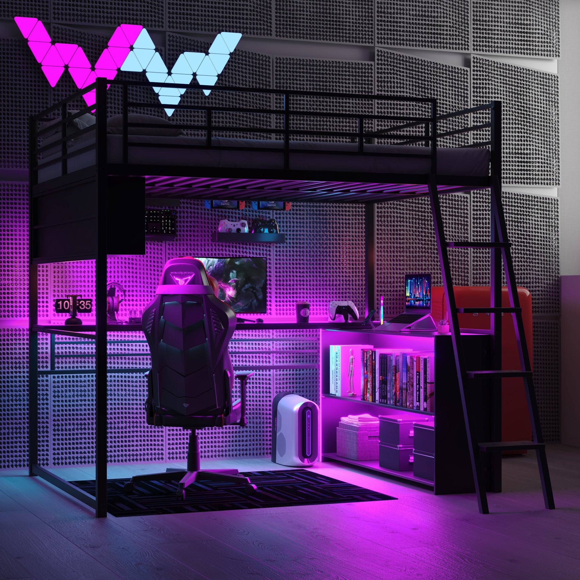 Full Size Metal Loft Bed With LED, Desk And 4 Storage Shelves