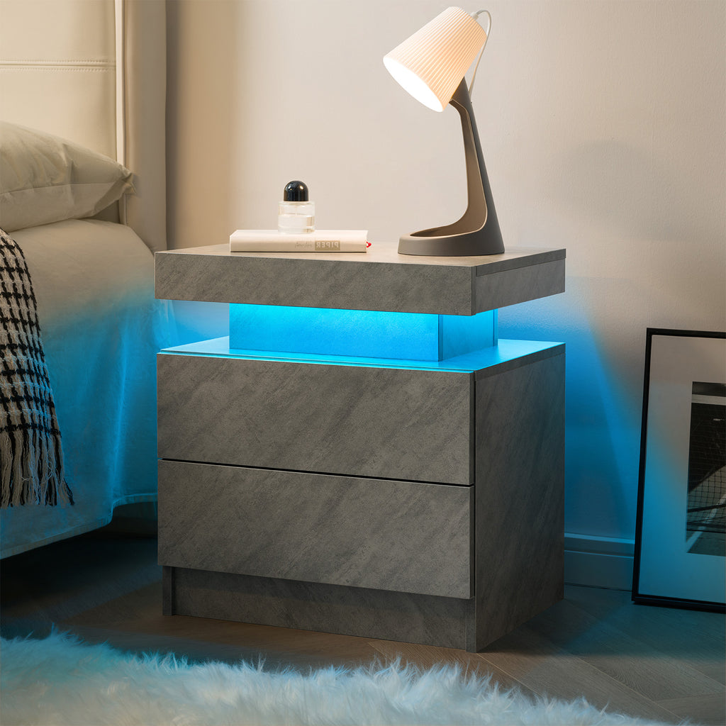 Modern LED Nightstand with 2 Drawers - Deep Gray
