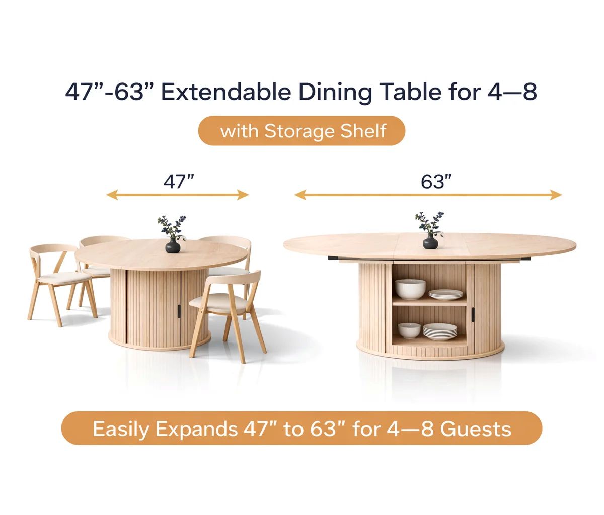 47"-63" Extendable Round Dining Table for 4-8 People, Modern Drop Leaf Dining Table with Hidden Storage Base, Wooden pedestal Kitchen Table for Small Spaces, Dining Room