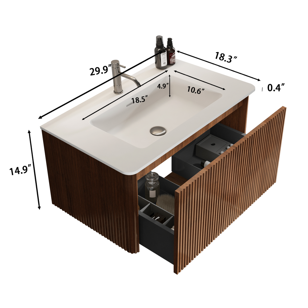 Etna 30" Striped Melamine Bathroom Vanity, White Walnut