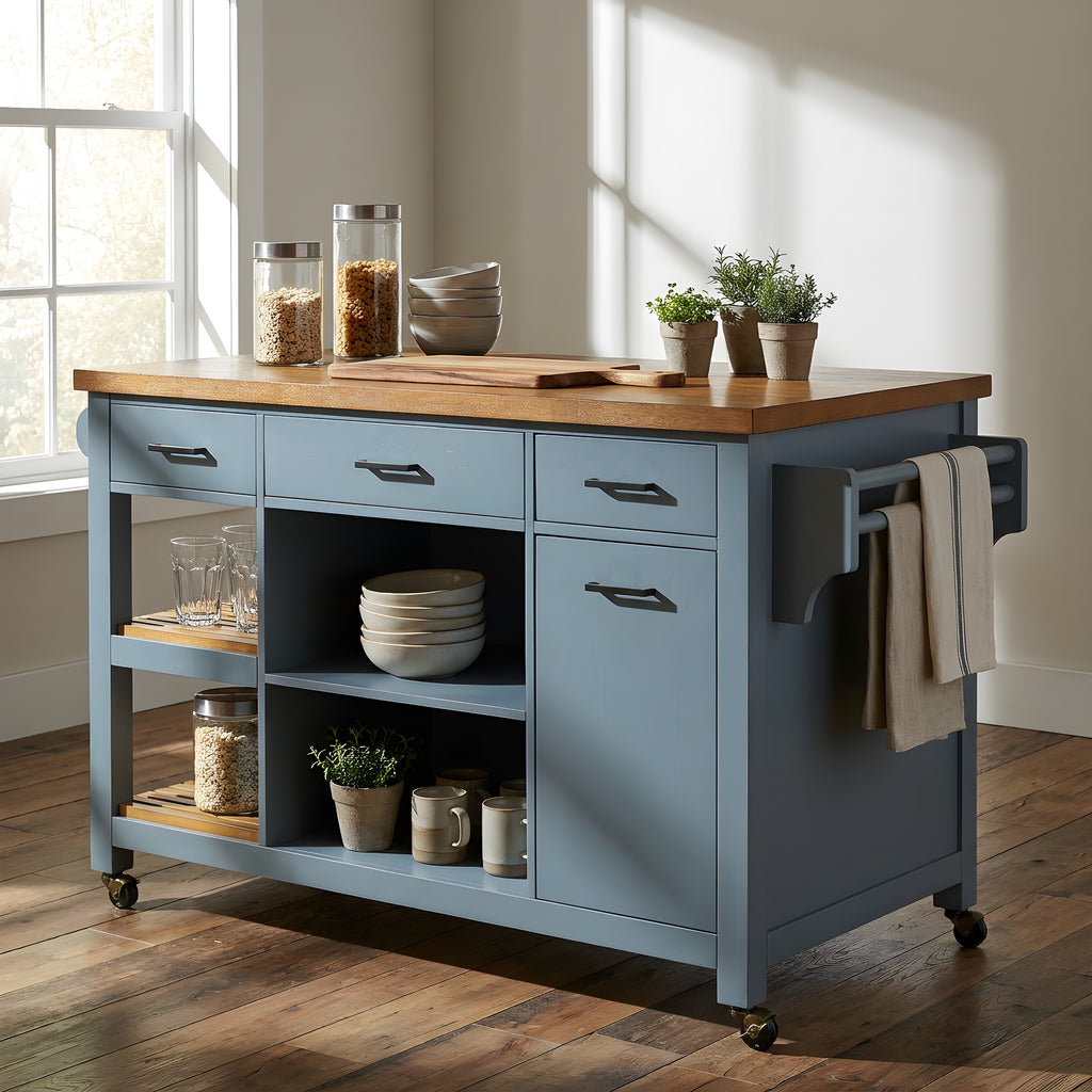 52" Kitchen Island Cart with Rubber Wood Top