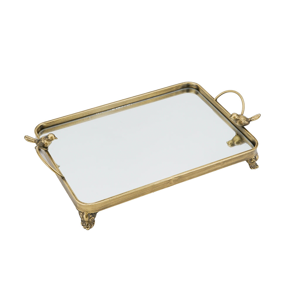 16.3x9.8x3.7" Metal Bird-Accented Mirrored Tray