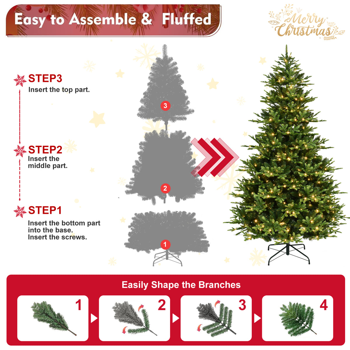 6-Foot Artificial Christmas Tree, Full Lush Shape, 1820 Tips, 350 Warm White LED Lights
