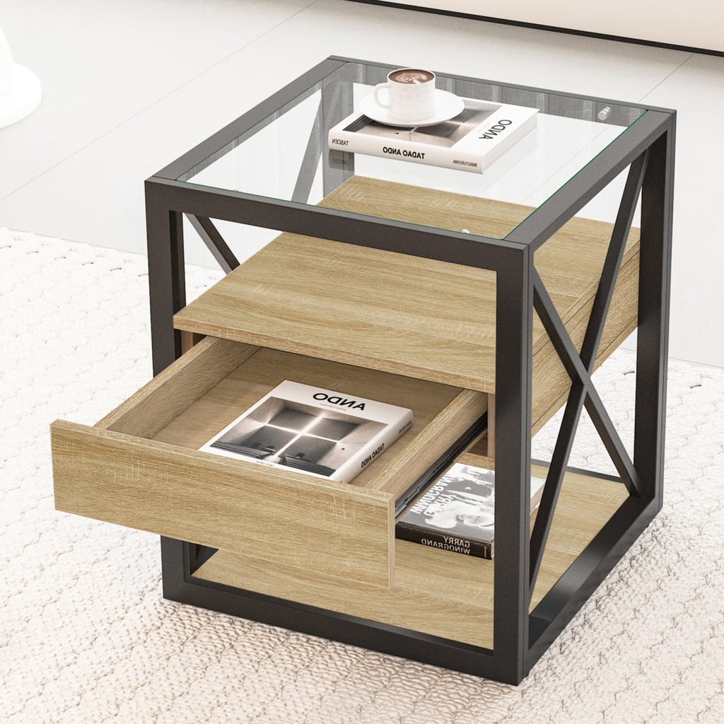 Set of 2 Modern End Table with Drawer - Nightstand for Bedroom & Living Room