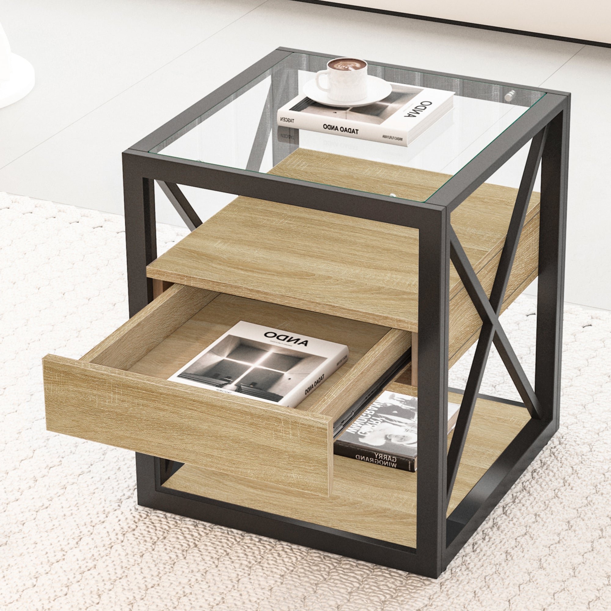 Set of 2 Modern End Table with Drawer - Nightstand for Bedroom & Living Room