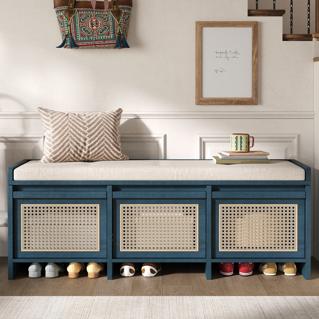 TREXM 48" Entryway Shoe Bench, Retro Style with Rattan Drawers