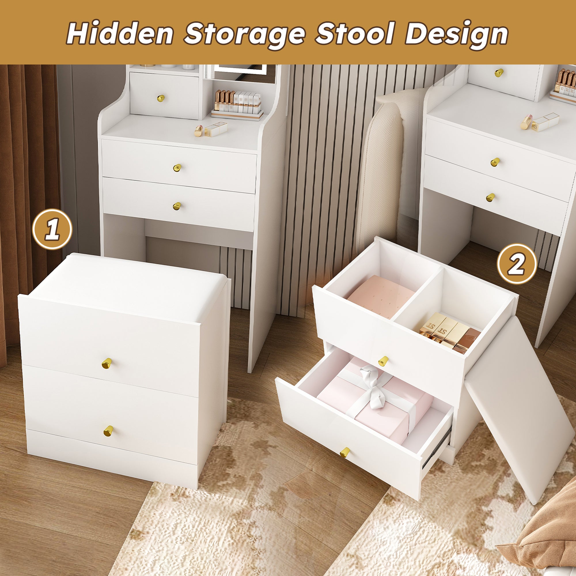 3-in-1 Dressing Table with LED Mirror & Storage Stool
