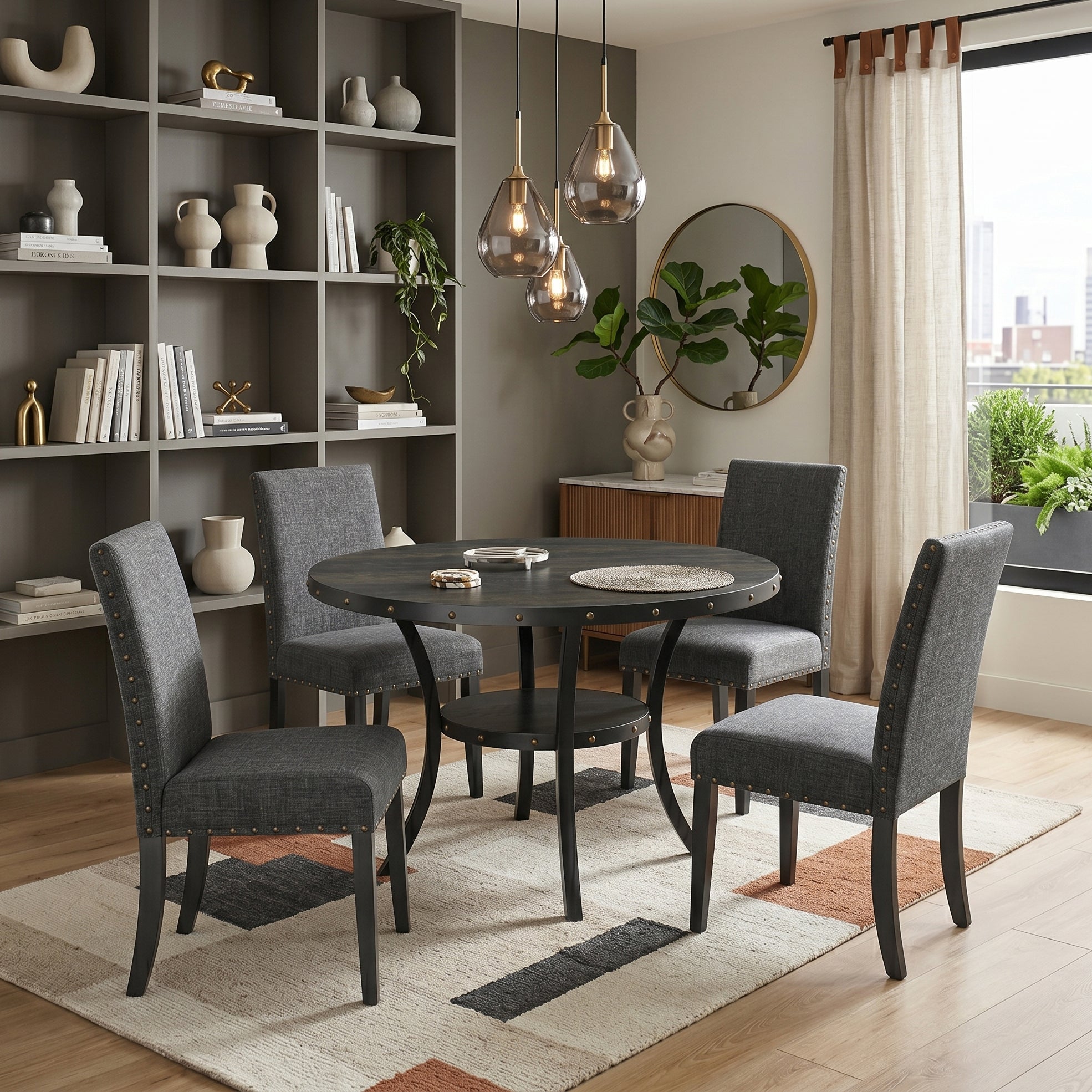 Biony Espresso Wood Dining Set With Gray Fabric Chairs