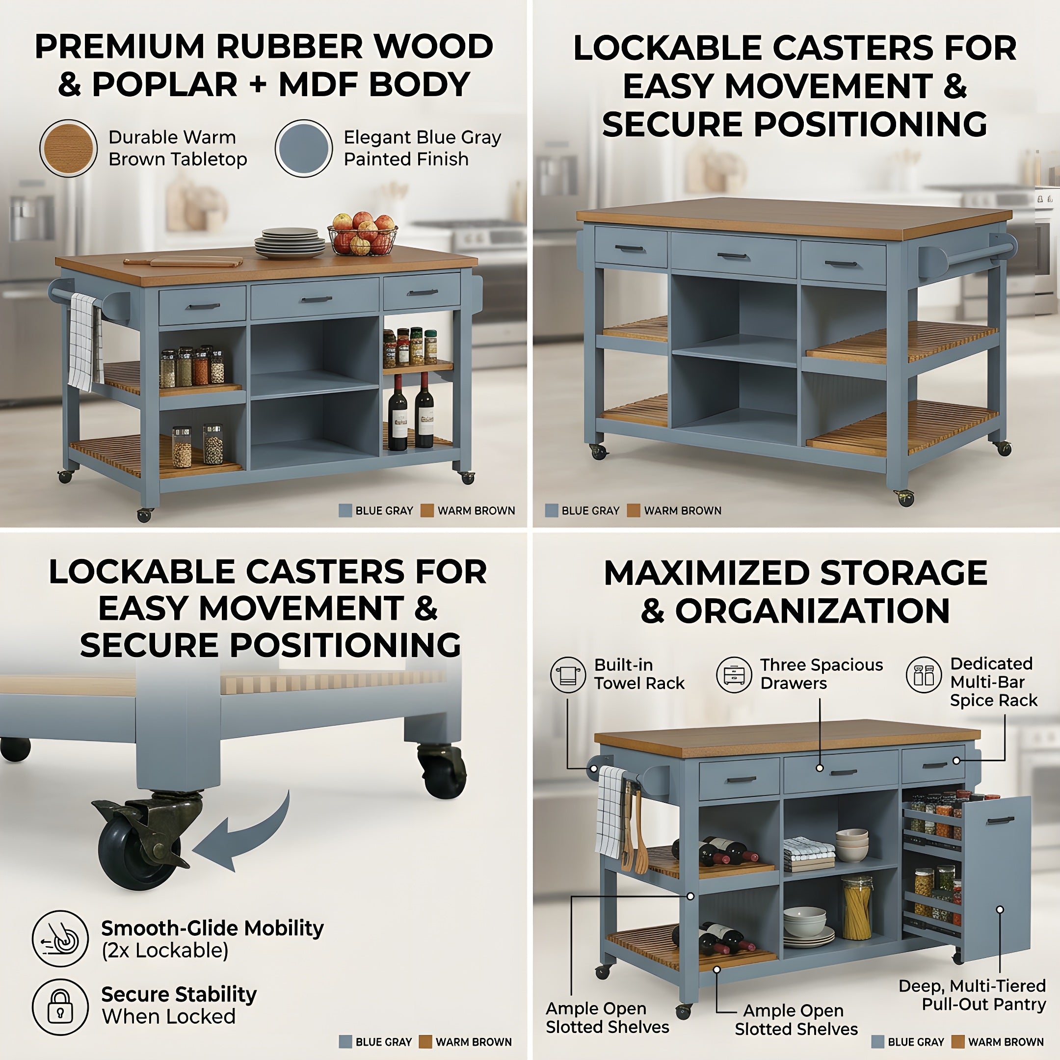 52" Kitchen Island Cart with Rubber Wood Top
