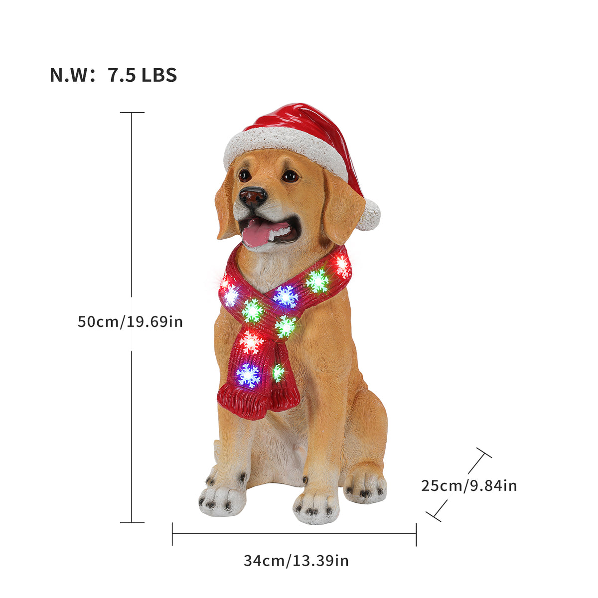 Lighted Christmas Golden Retriever Dog Statue, Santa Hat Puppy, LED Scarf