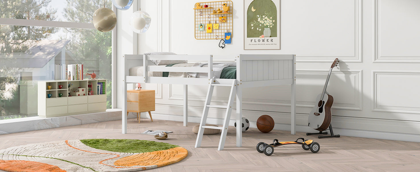 Full Size Wood Low Loft Bed with Ladder