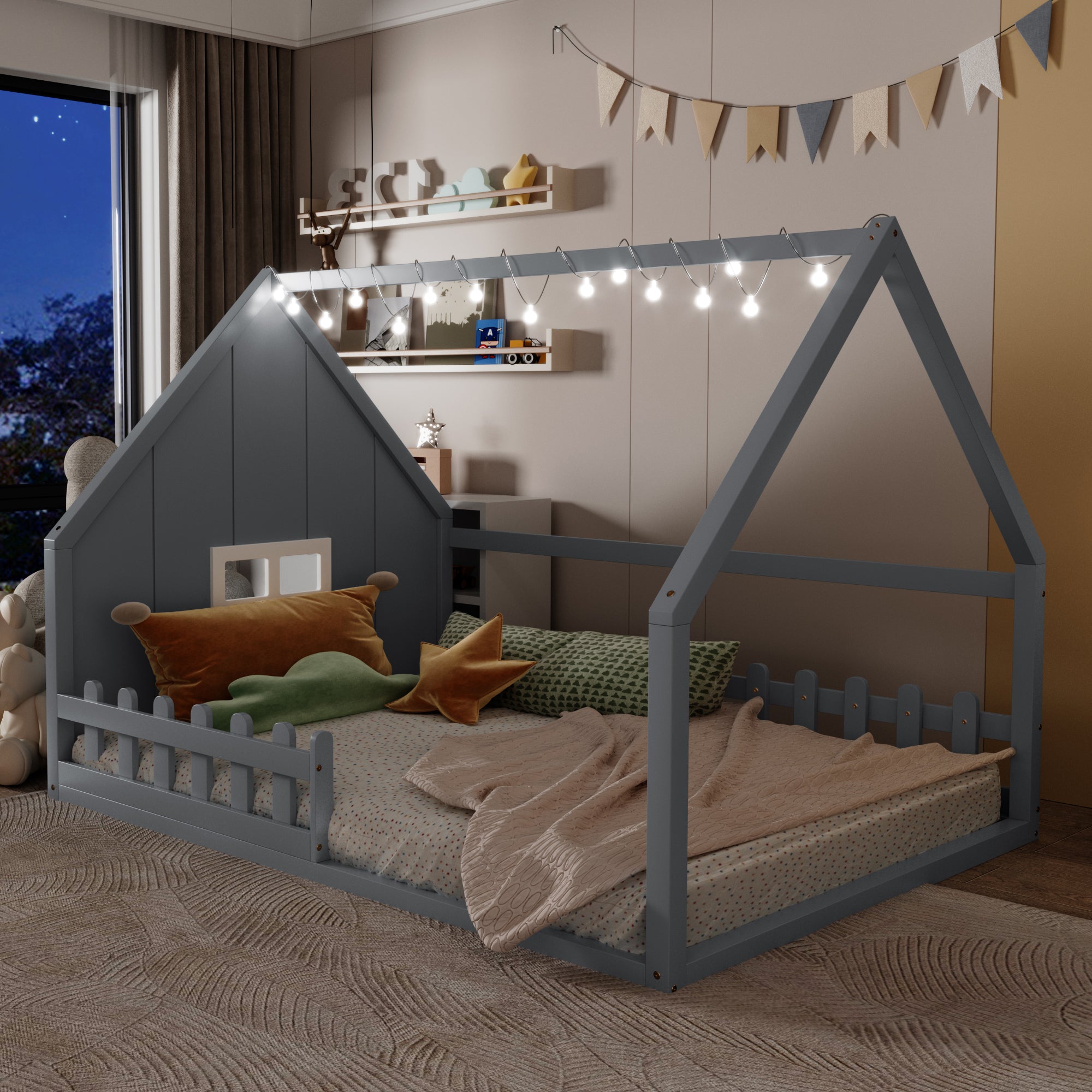 Full Size Wood House Bed with Window and Fence