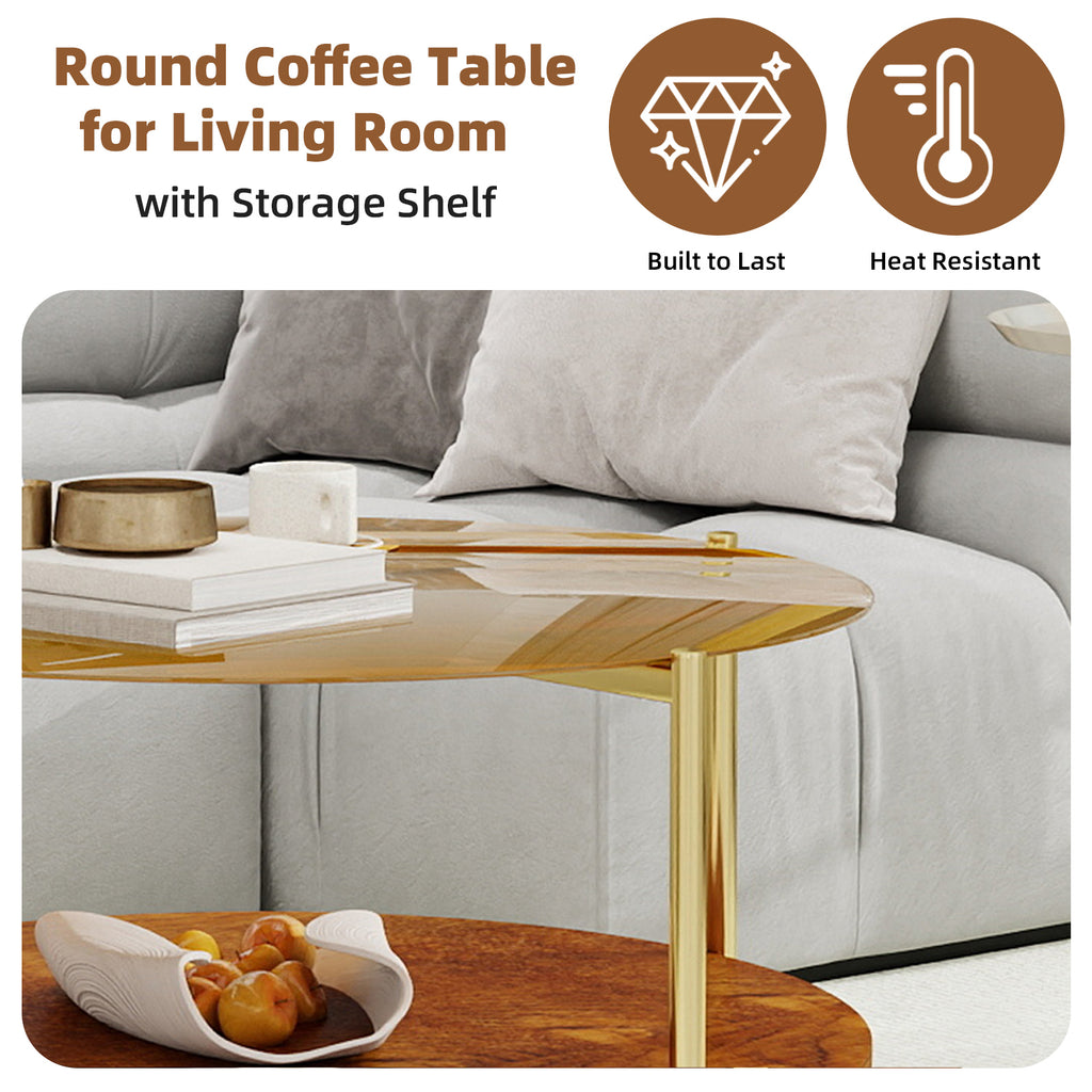 Luxurious Round Coffee Table with Gold-Tinted Tempered Glass Top