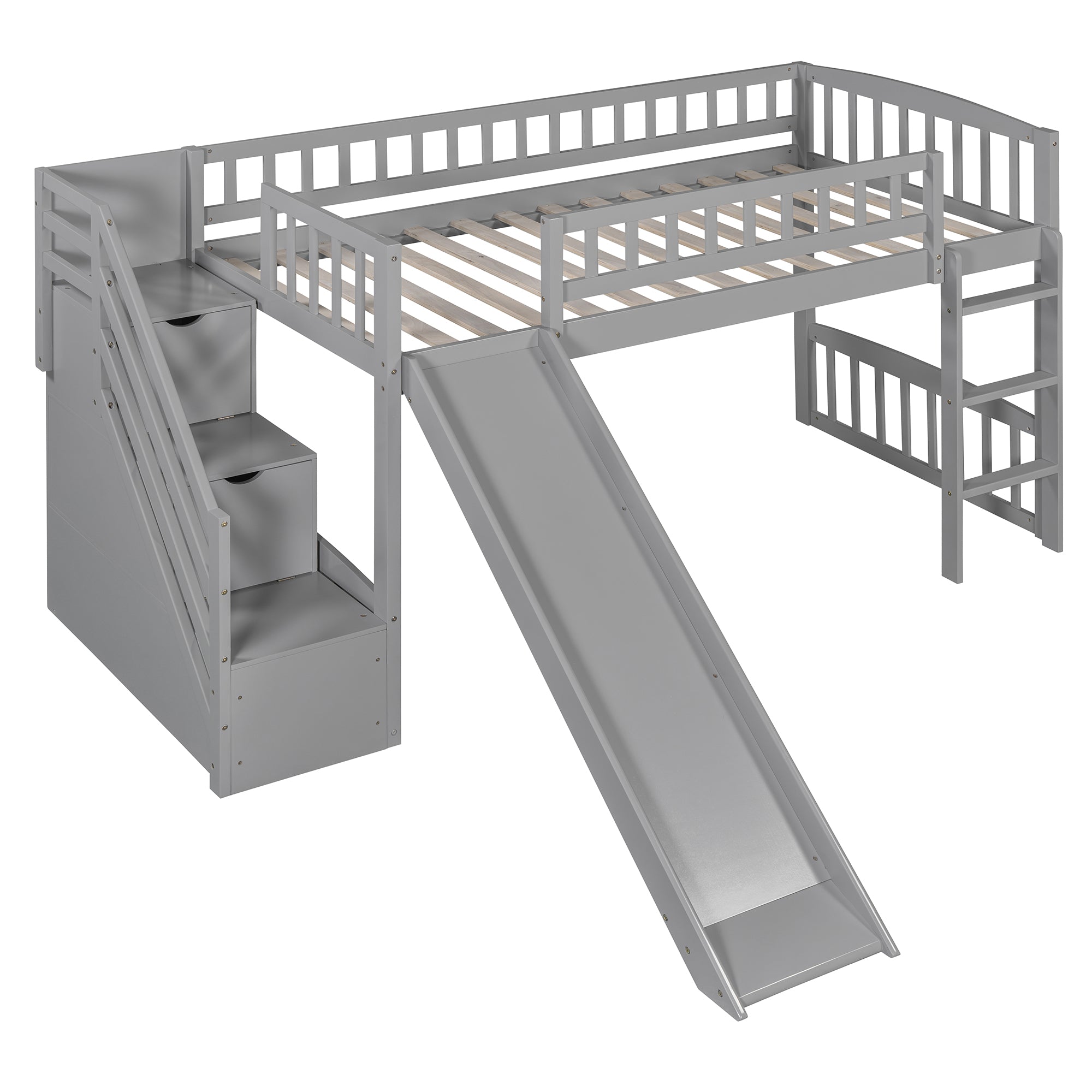 Stairway Twin Size Loft Bed with Two Drawers and Slide, Gray