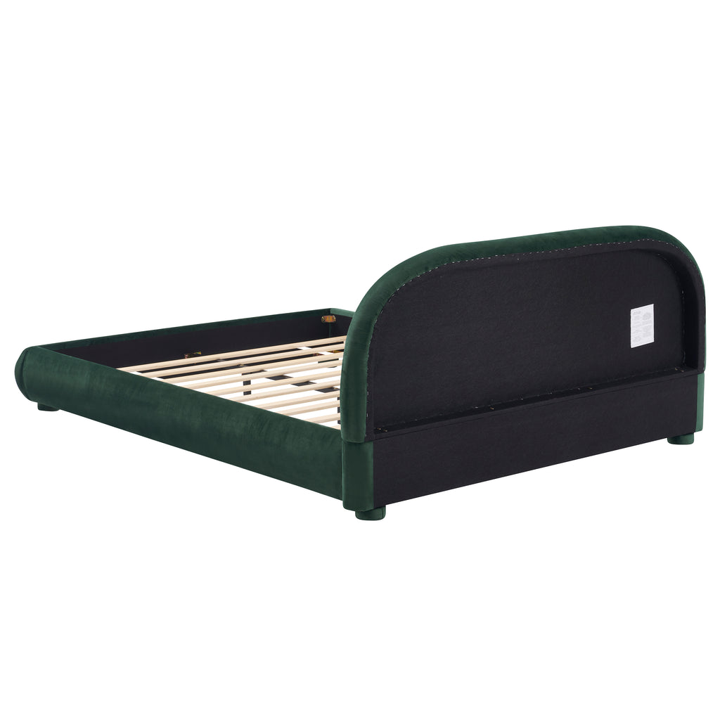 Dark Green Velvet Queen Bed with Curved Headboard