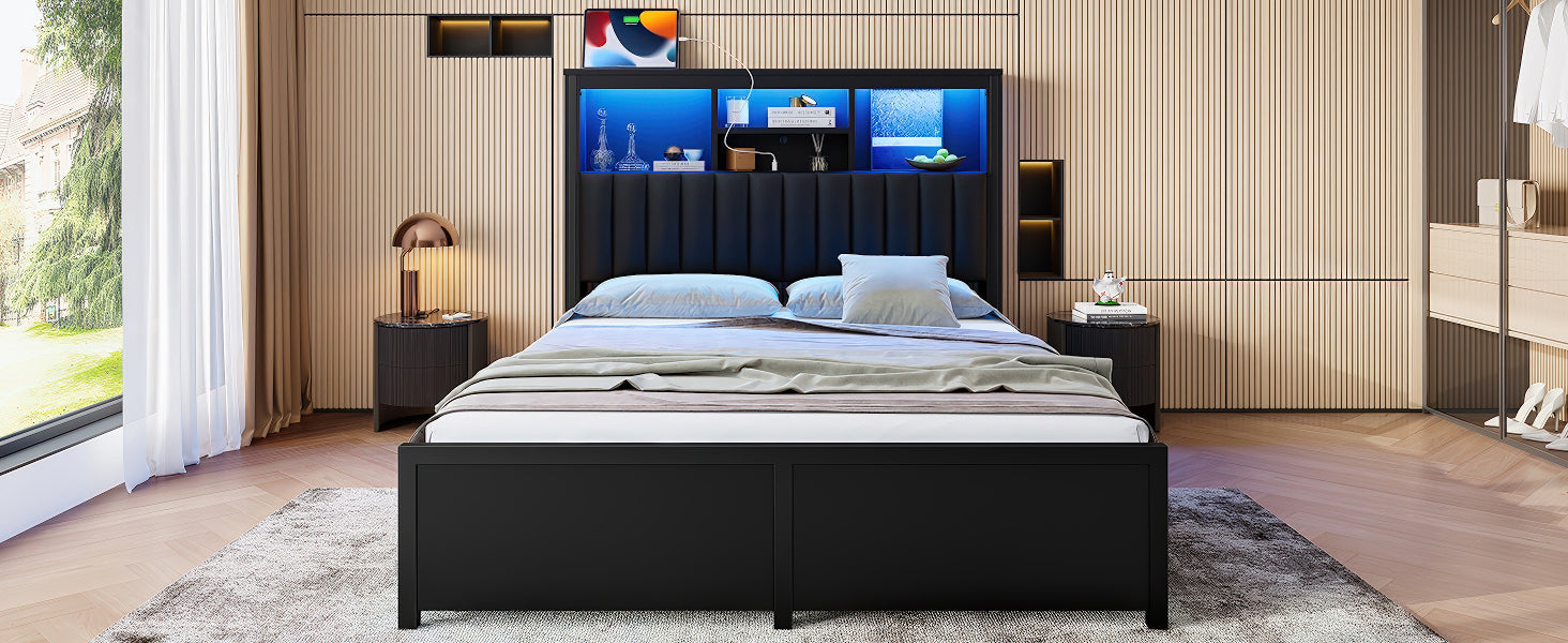King Bed Frame with High Storage Headboard