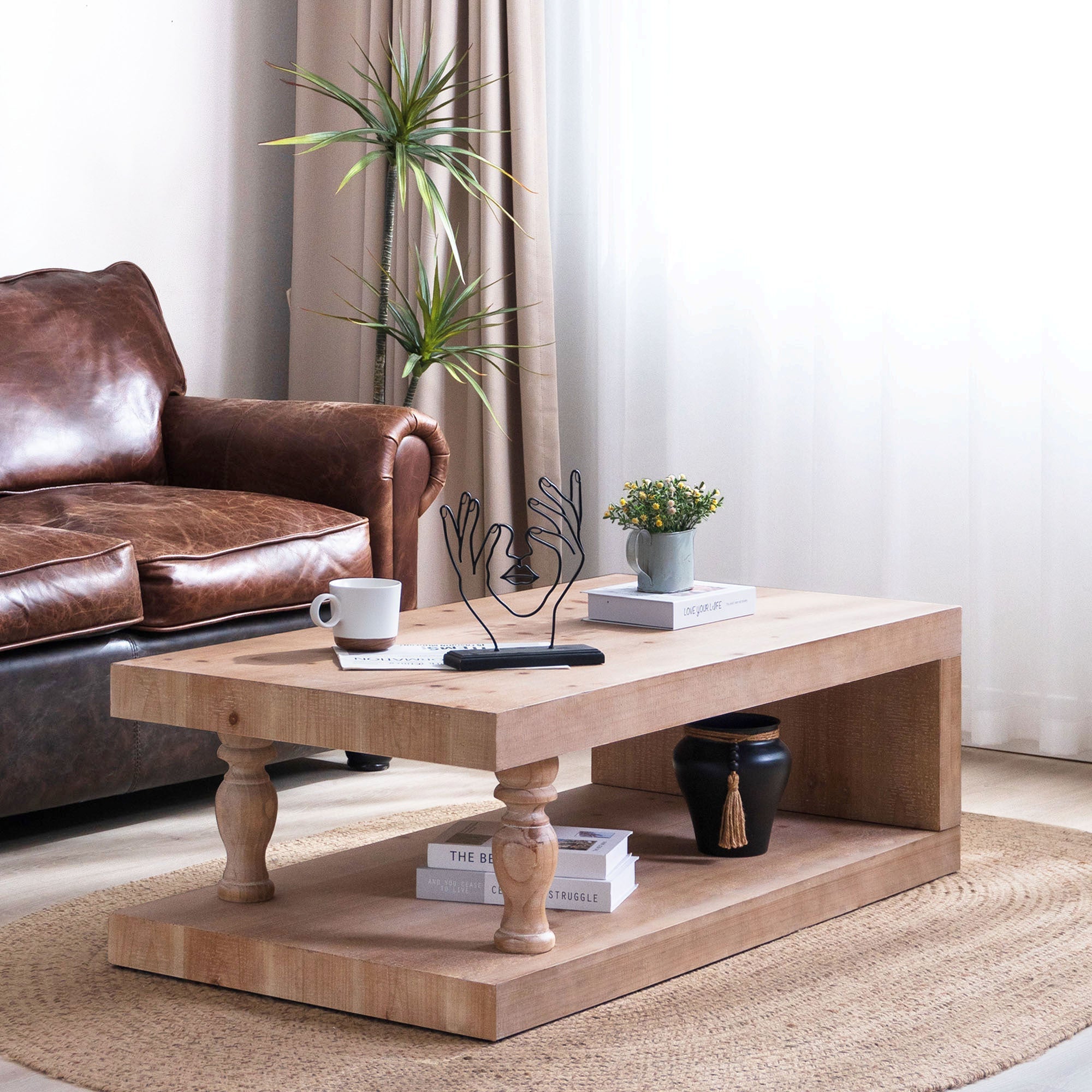Rustic Solid Wood Coffee Table with Open Shelf – 47.2"