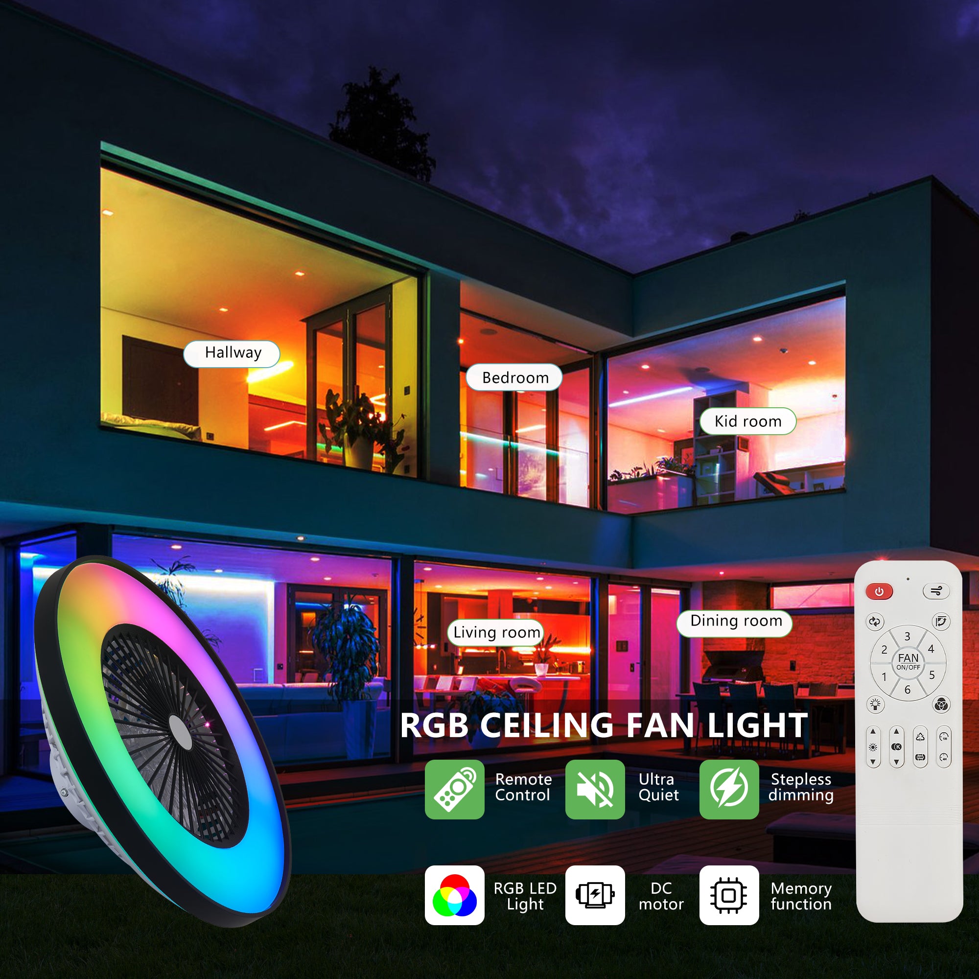 23-Inch Black and White Ceiling Fan Light with LED RGB