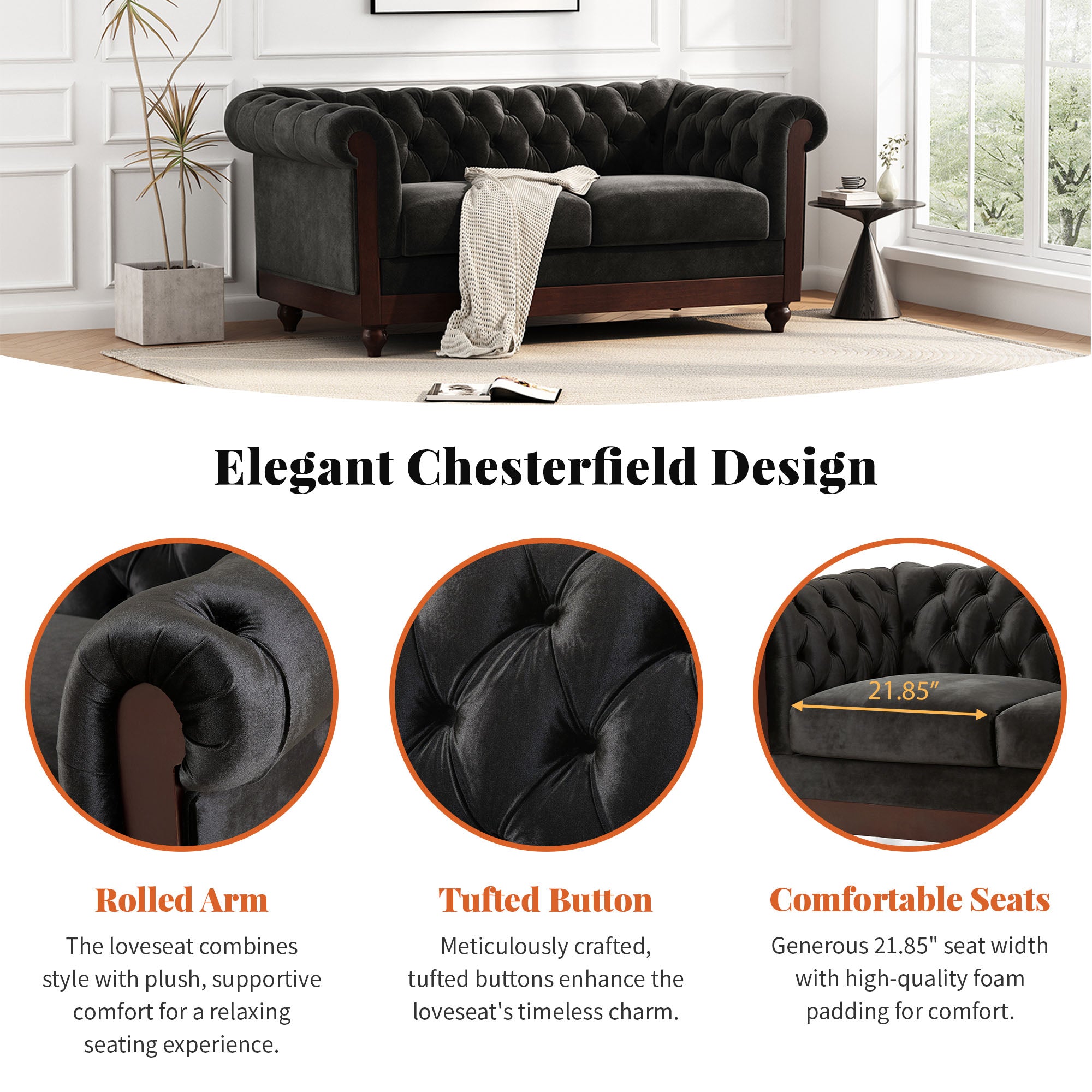 VIVALUX 59.44" Chesterfield Velvet Loveseat Sofa