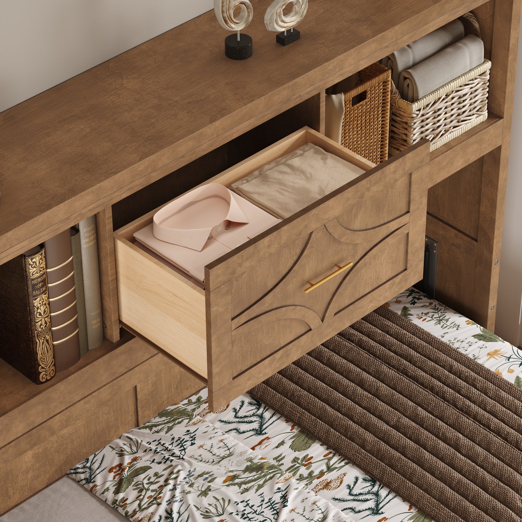 Twin Size Murphy Bed with Charging Station and Drawer