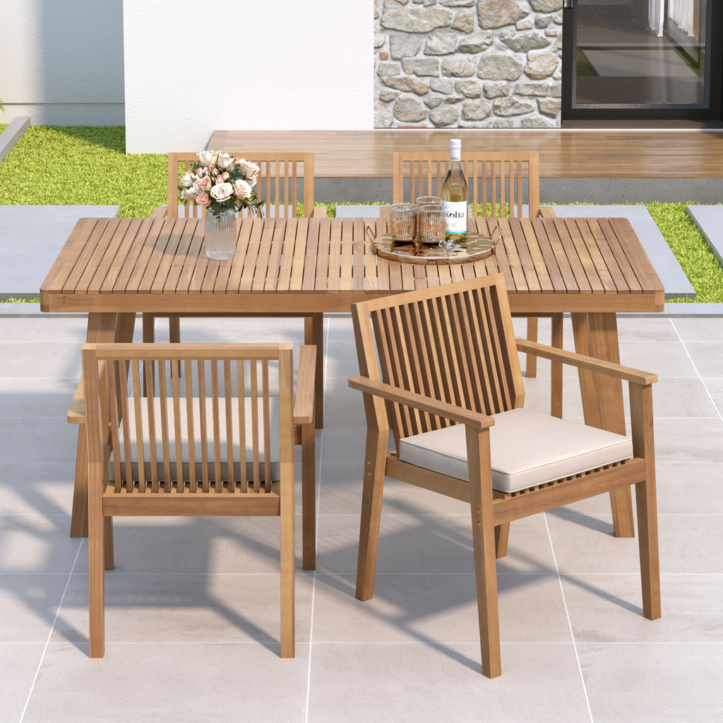 Durable 5-Piece Patio Furniture Set Acacia Wood Table and 4 Heavy-Duty Cushioned Chairs
