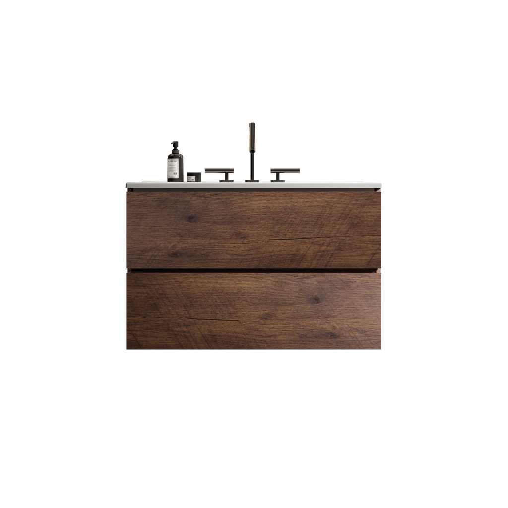 Wall Mount 30-Inch Bathroom Vanity, Walnut with Ceramic Sink