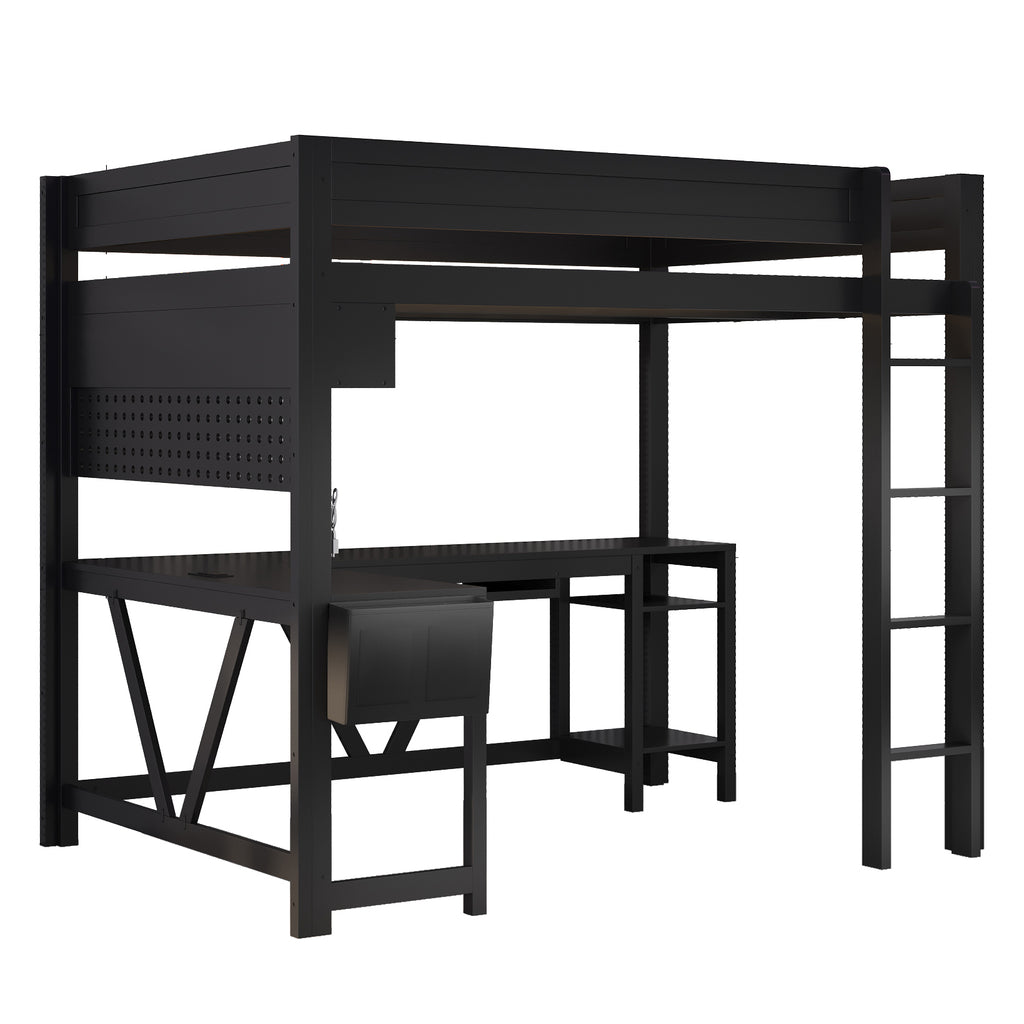 Wood Full Size Gaming Loft Bed with Desk, Storage Shelves, LED and Charging Station