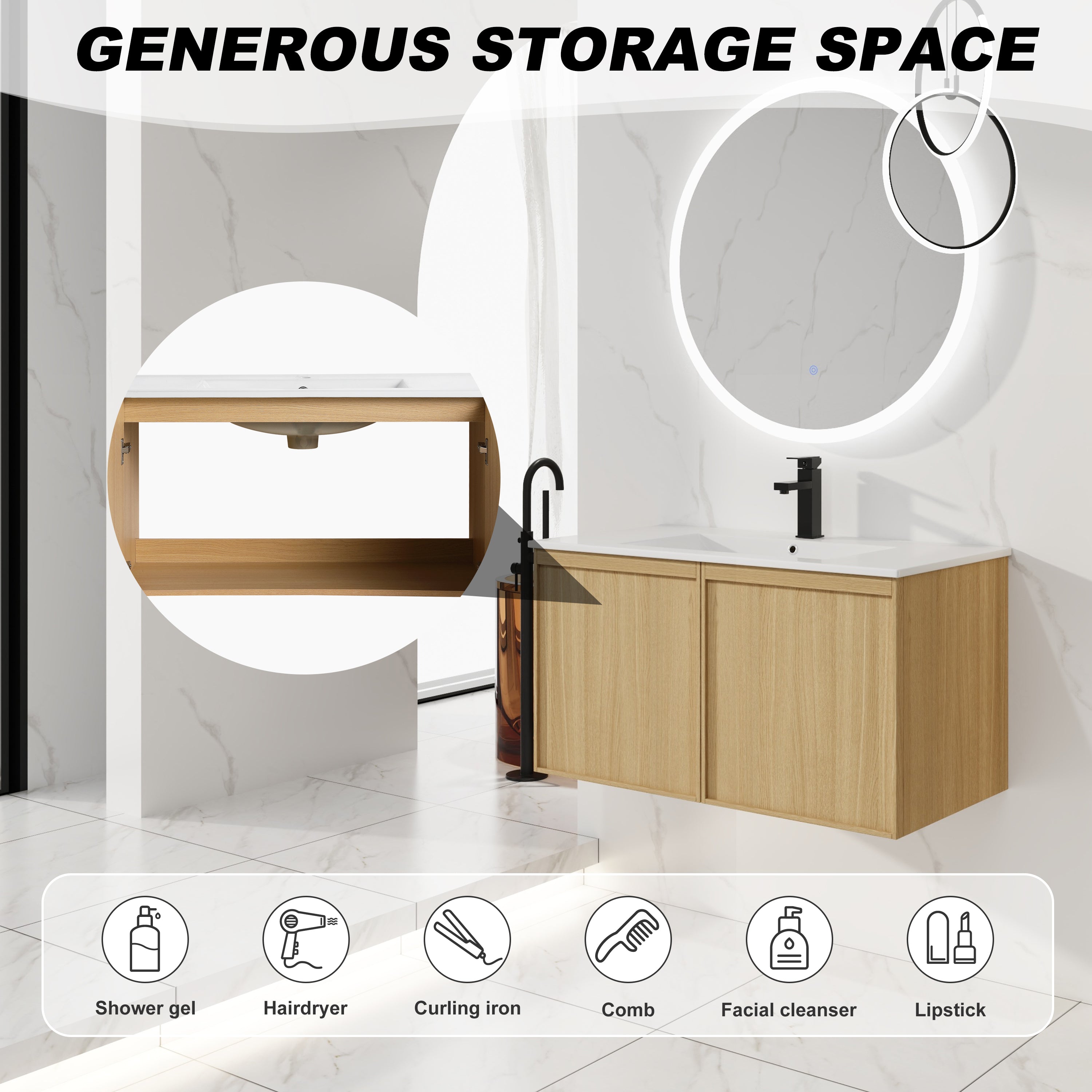 36" Floating Bathroom Vanity with Sink, Wall-Mounted Modern Light