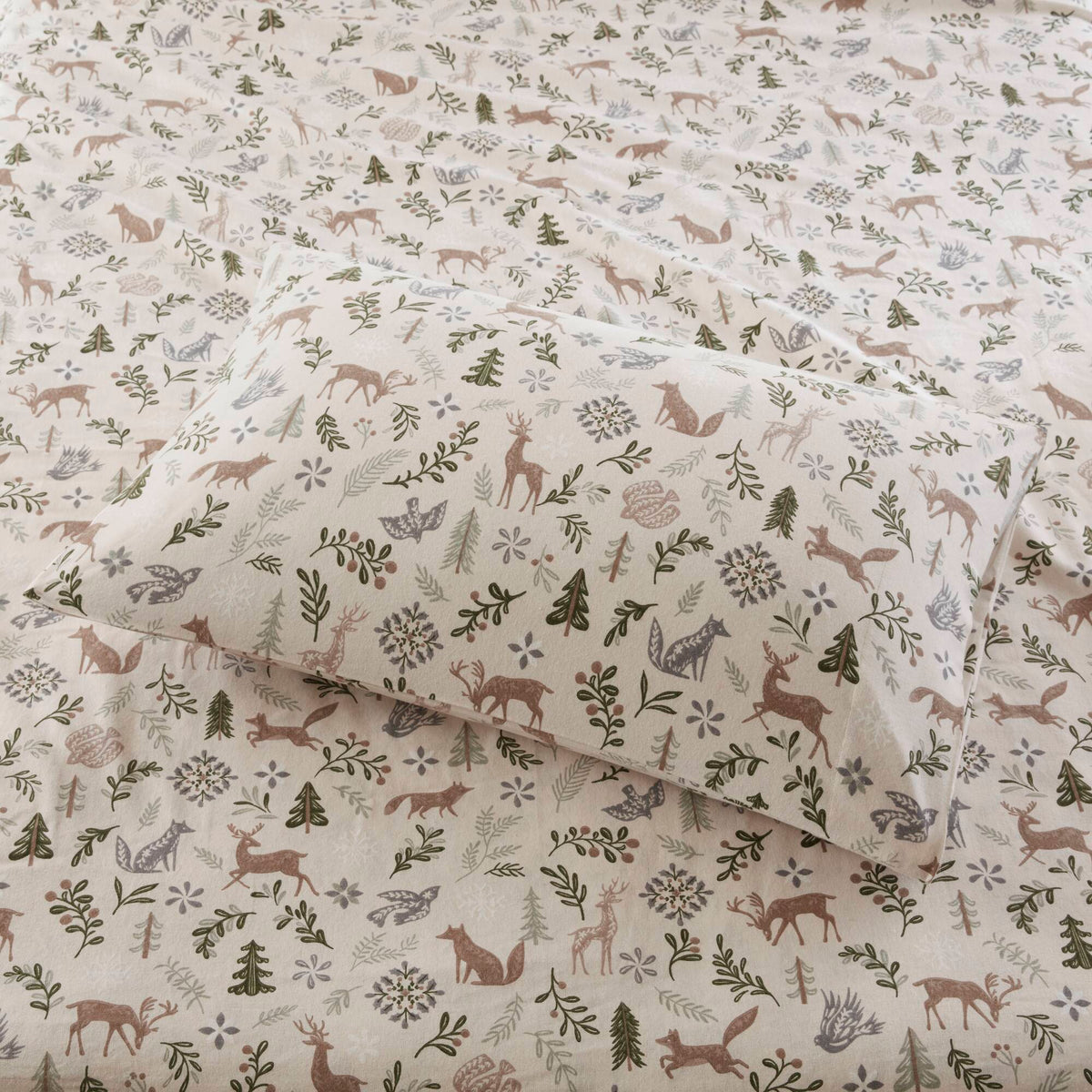 4-Piece Queen Printed Sheet Set, Tan Woodland Winter, Cotton