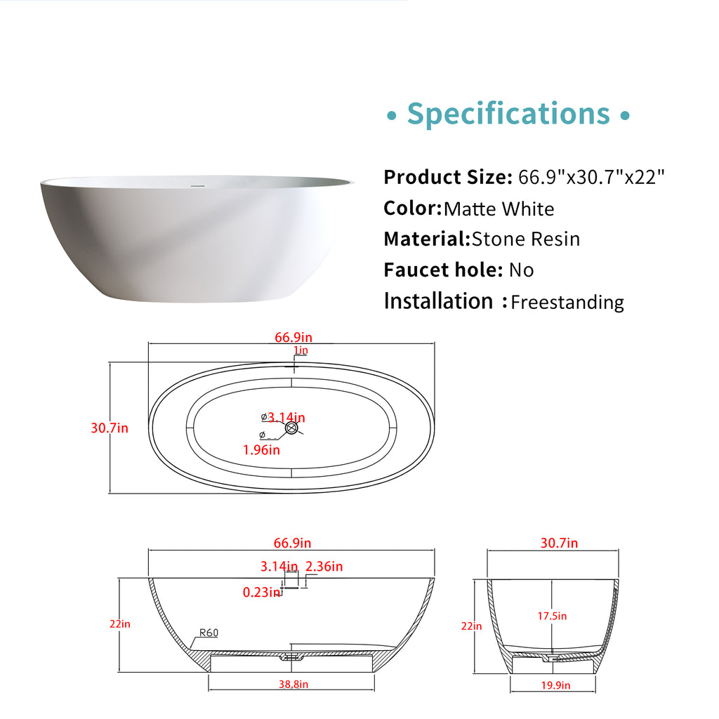 66.9″ Solid Surface Matte Soaking Tub