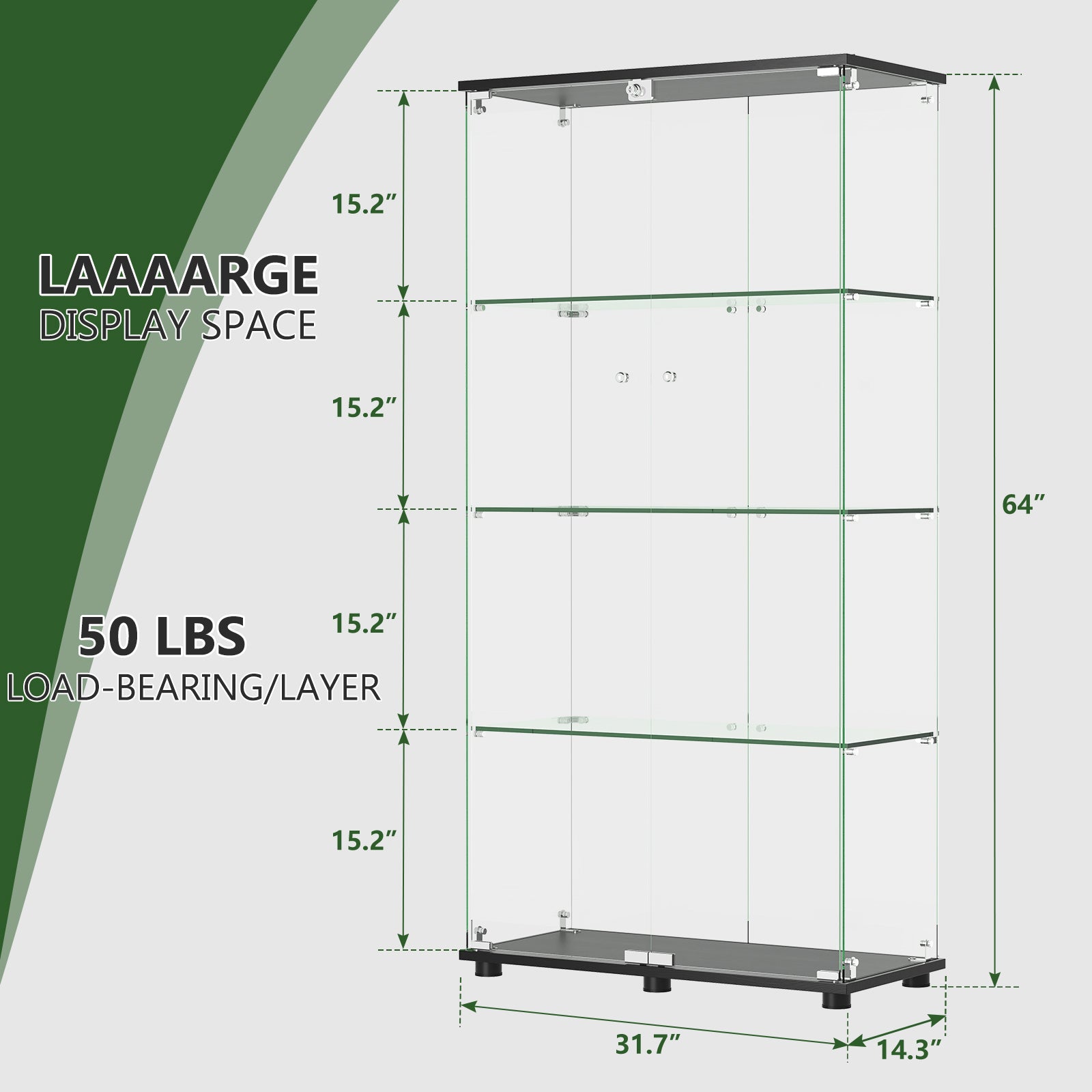 Glass Display Cabinet with 4-Shelf Double Doors and Lock