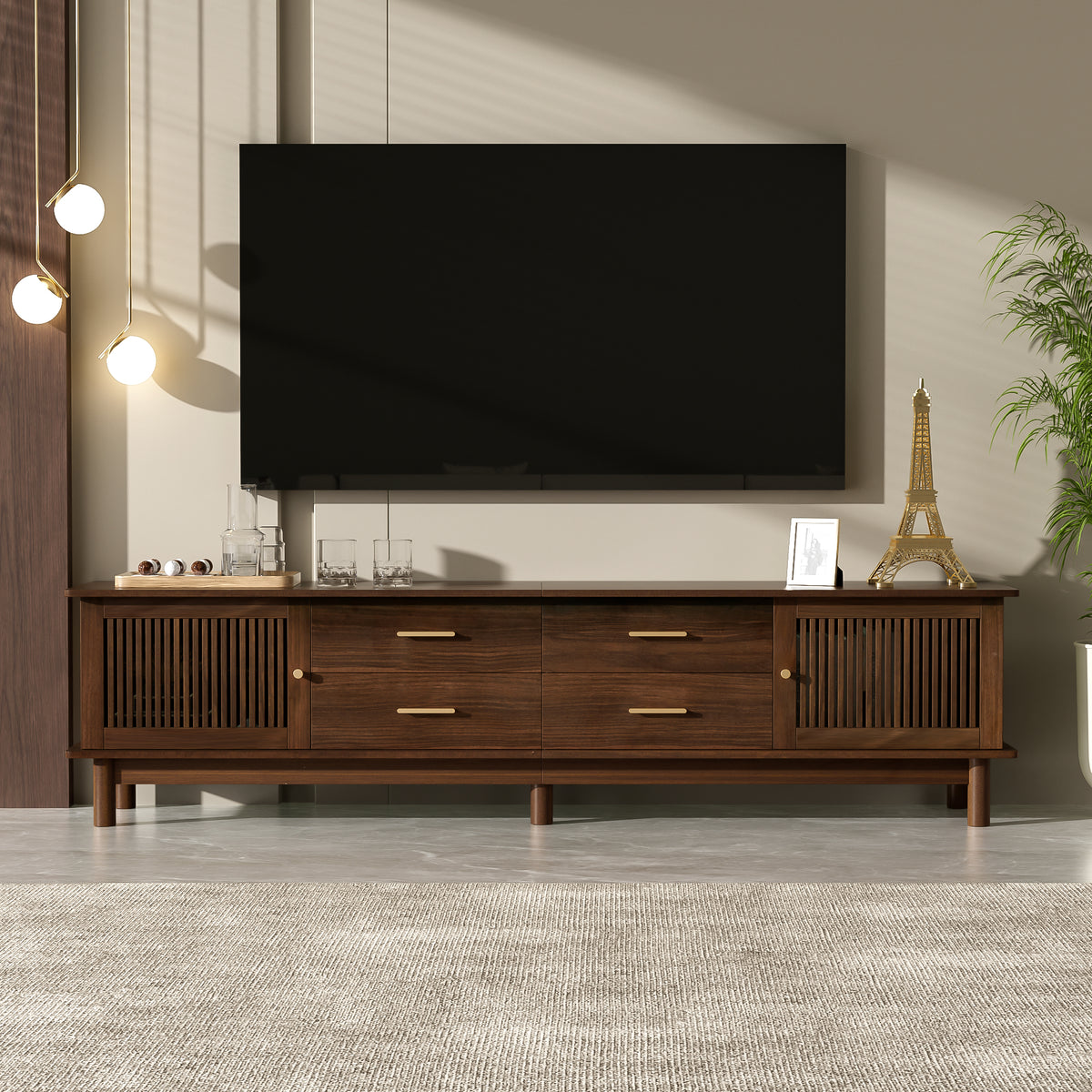 78-Inch TV Stand for 85-Inch TVs, Mid-Century Modern with Slatted Doors and Drawers, Walnut