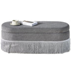 Oval Upholstered Storage Ottoman with Fringe Trim & Lift-Top Lid