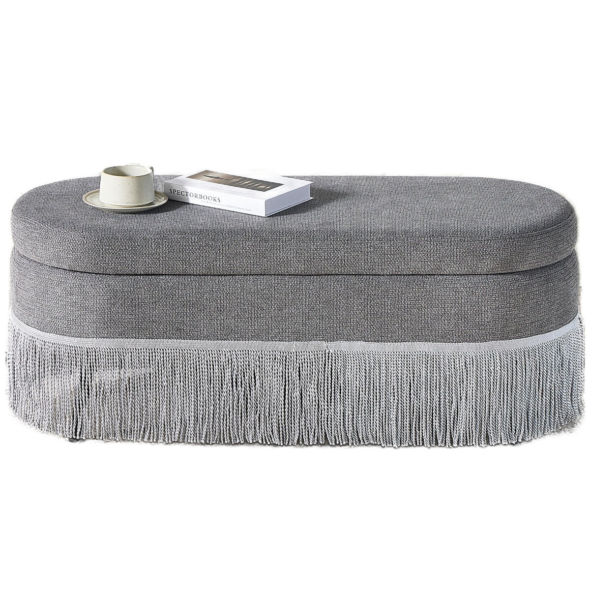 Oval Upholstered Storage Ottoman with Fringe Trim & Lift-Top Lid
