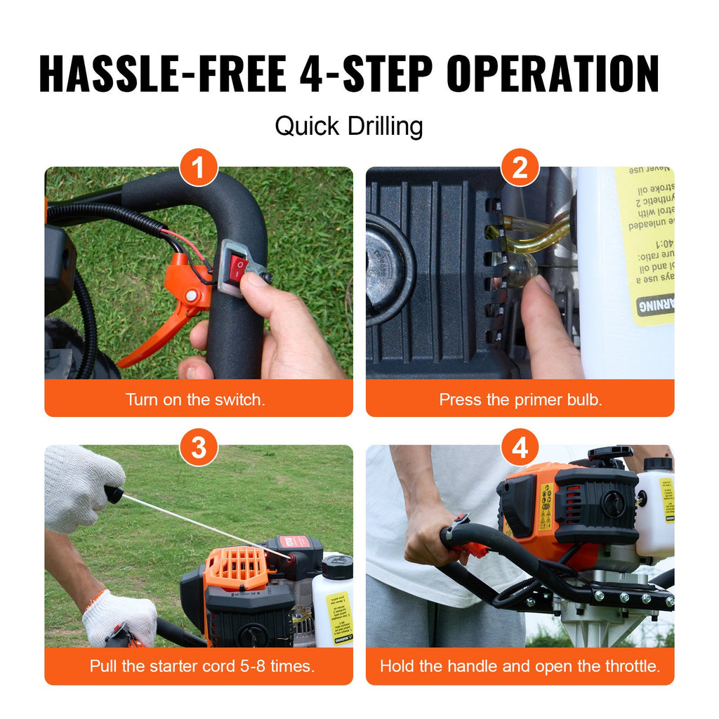 Gas Post Hole Digger 52CC 1450W with 8" Drill Bits & 1 Extension Rod