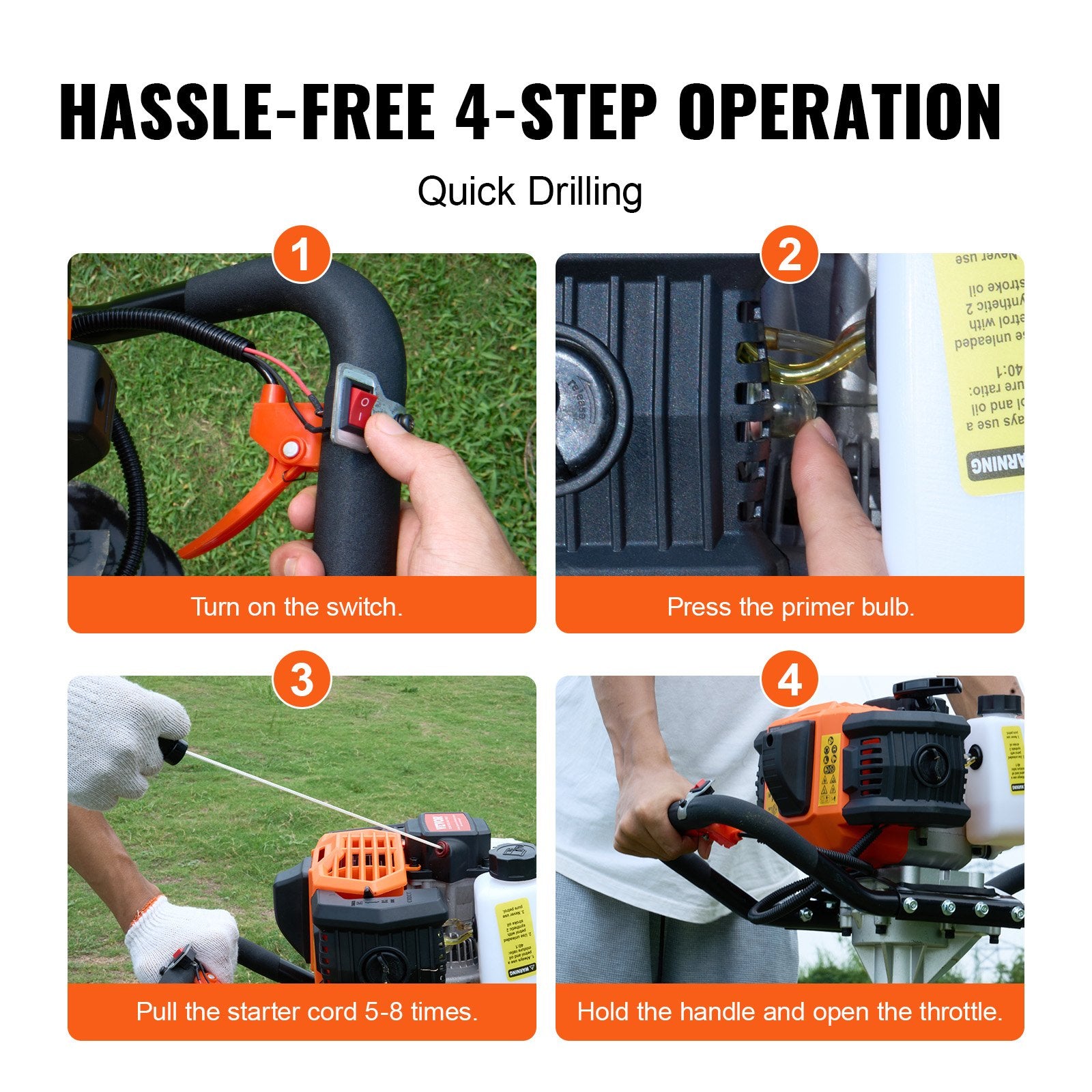 Gas Post Hole Digger 52CC 1450W with 8" Drill Bits & 1 Extension Rod