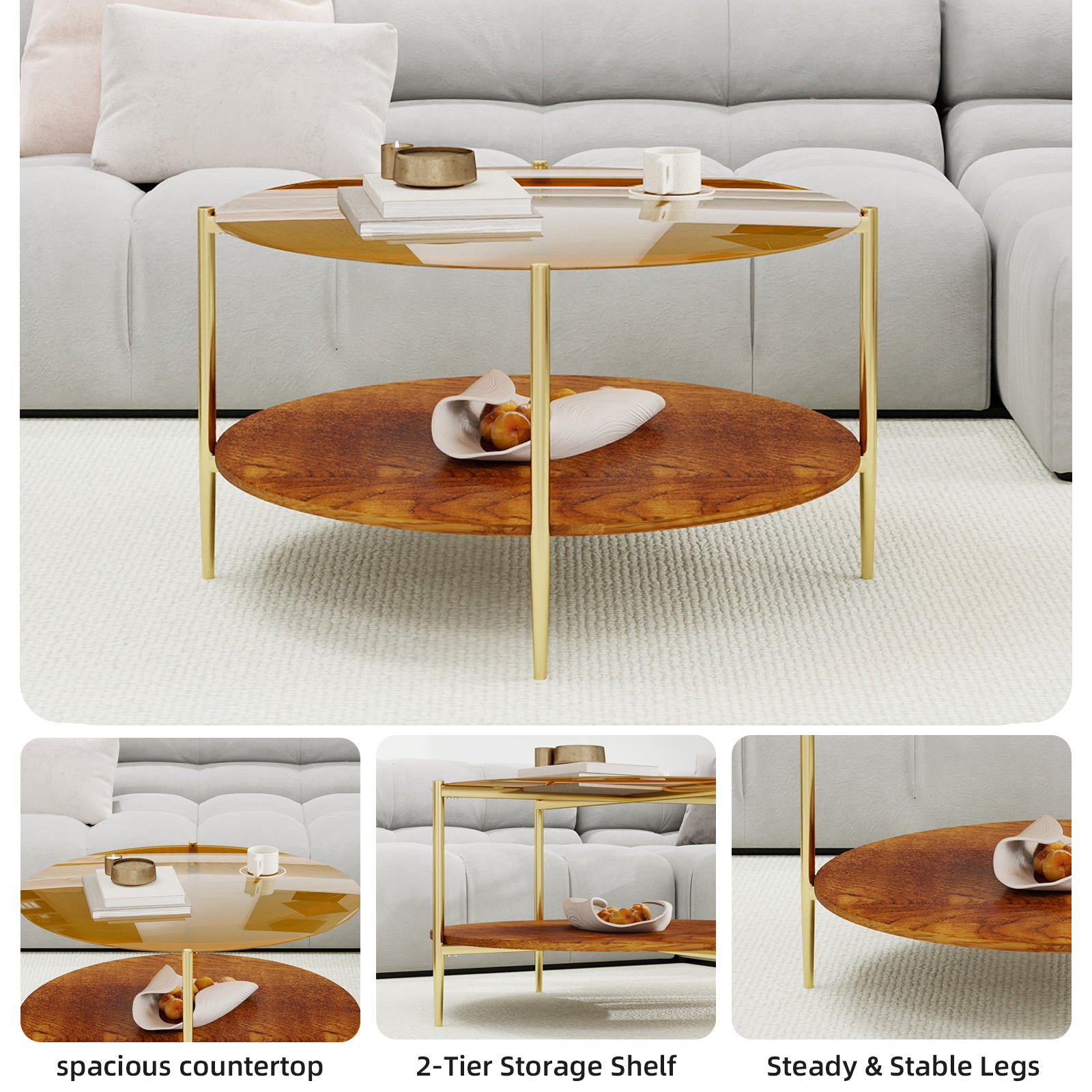 Luxurious Round Coffee Table with Gold-Tinted Tempered Glass Top