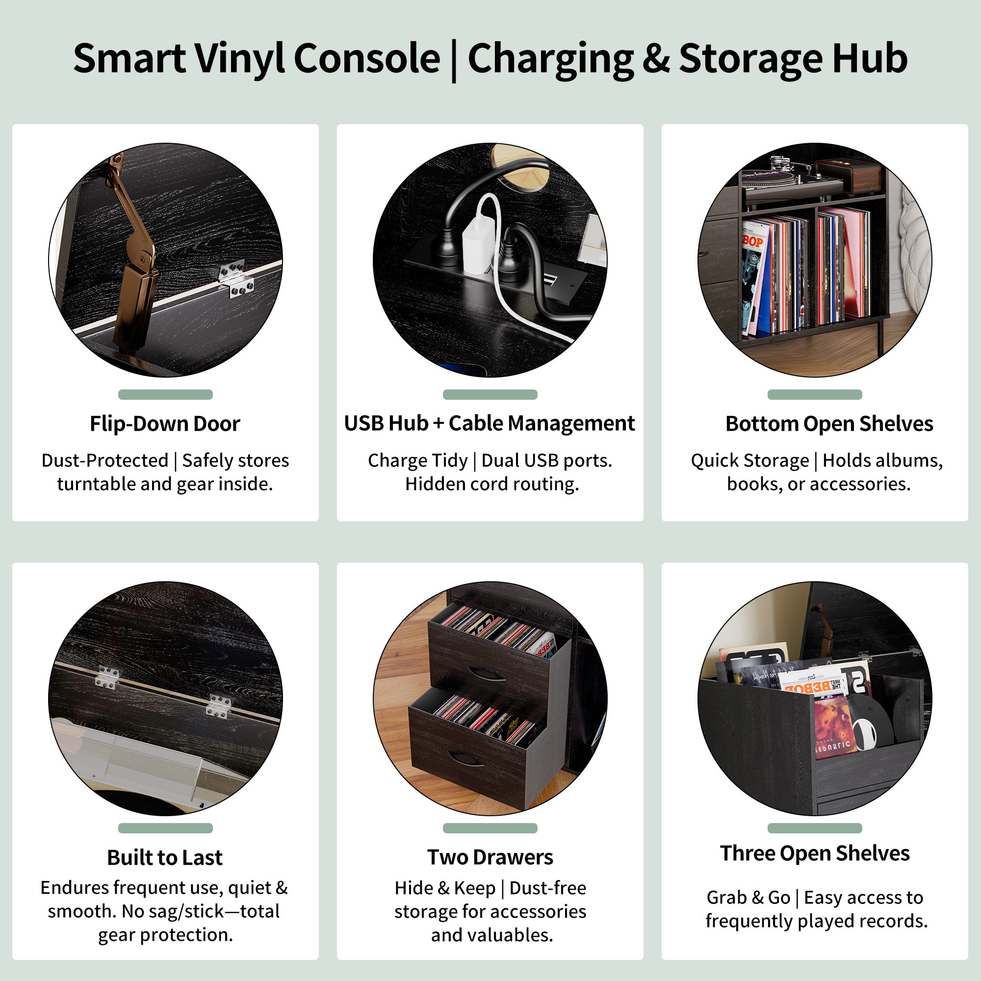 Eco-Friendly Record Player Stand with Flip-Top Storage Cabinet