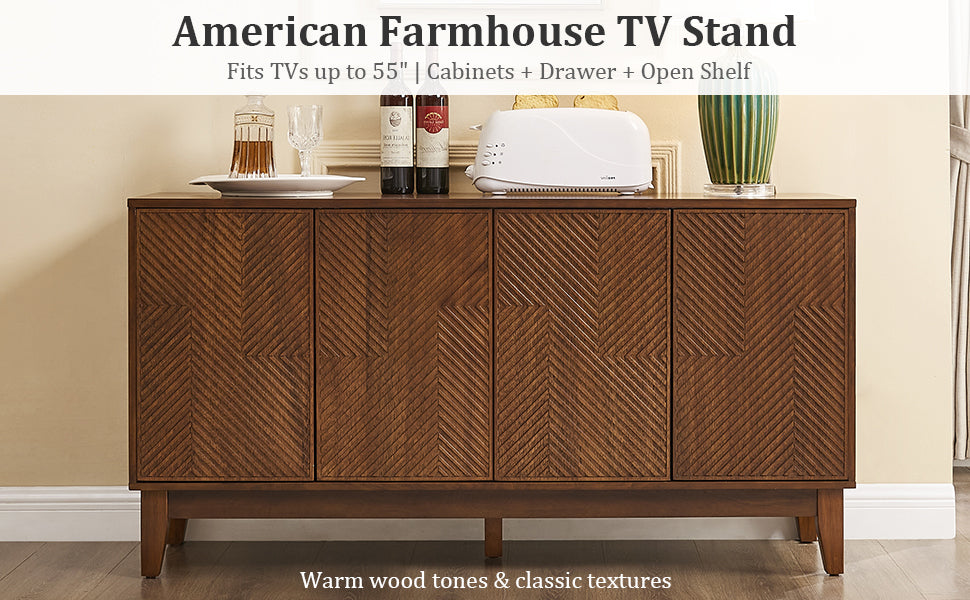 Mid Century Modern TV Stand, 56-Inch Wood Cabinet with Carved Geometric Doors, Walnut