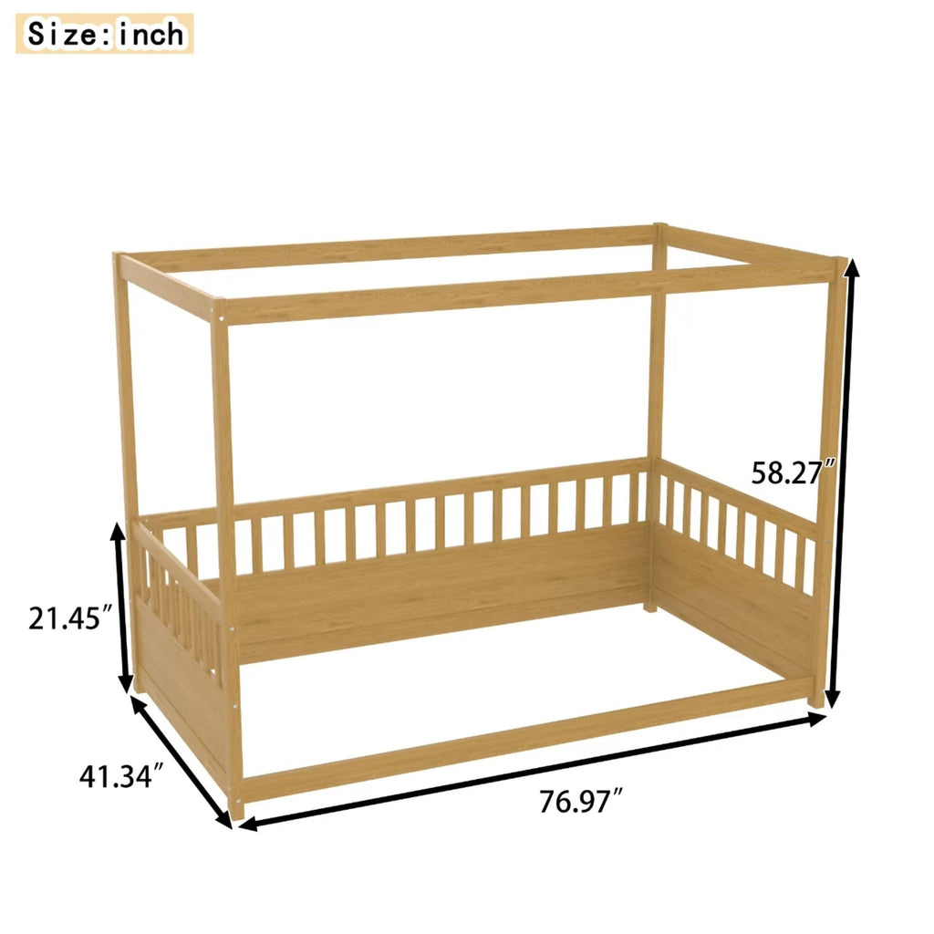 Twin Size Canopy Bed Frame with Guardrails for Kids