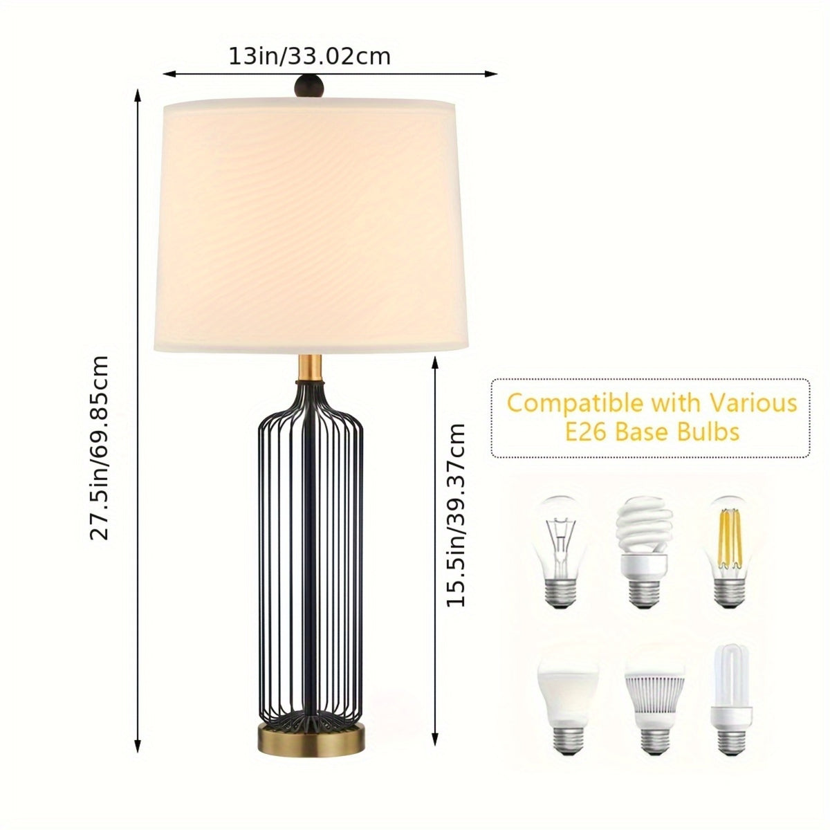 Cage Table Lamp Set of 2, 28 Inches Tall, 3-Way Dimmable, Black Metal
