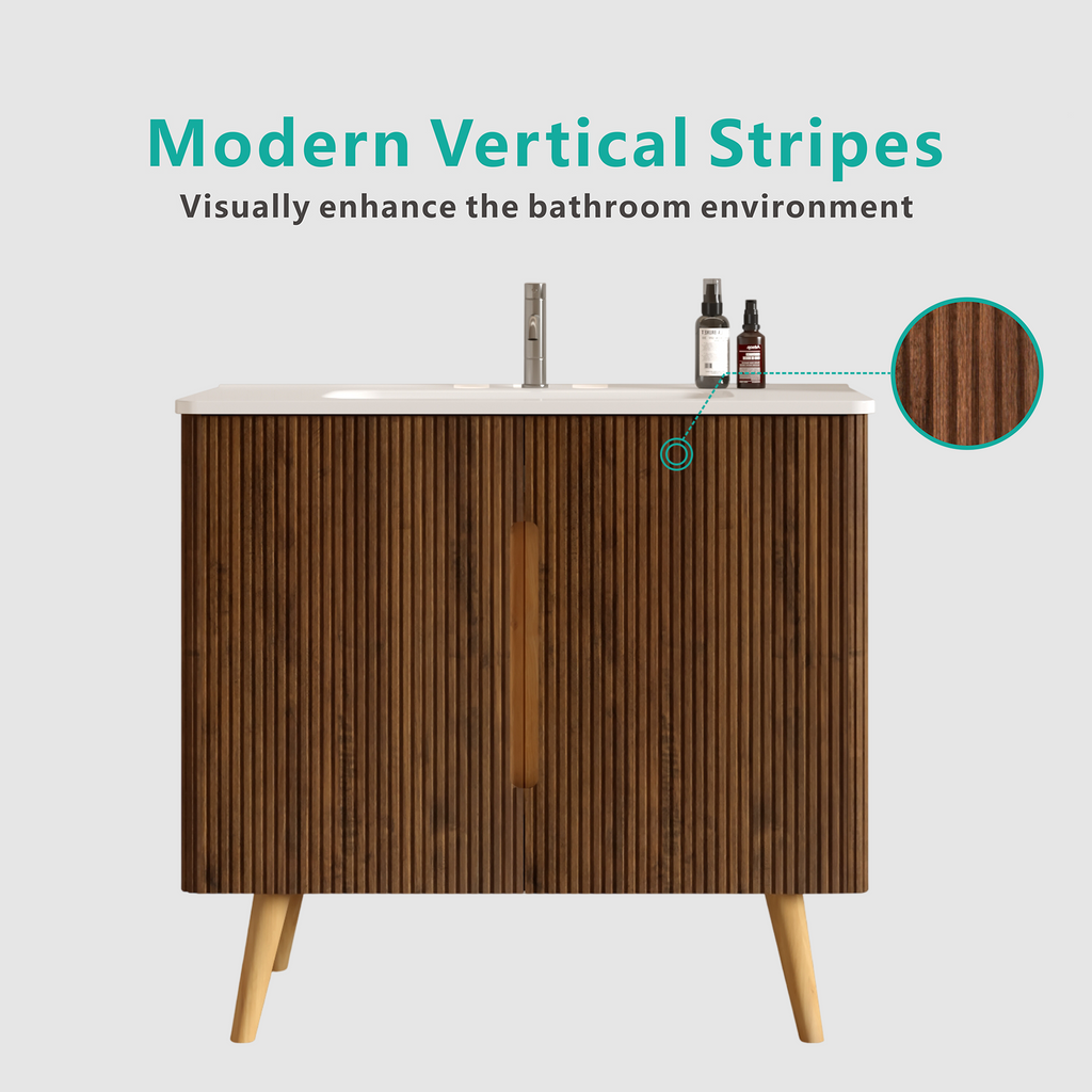 Etna 36-Inch Bathroom Vanity, Walnut Striped with Ceramic Sink