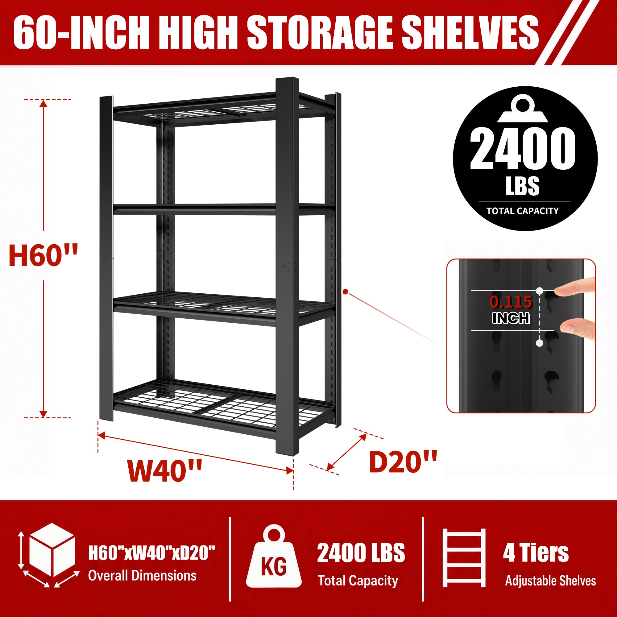 60"H 4-Tier Adjustable Heavy Duty Shelving Rack